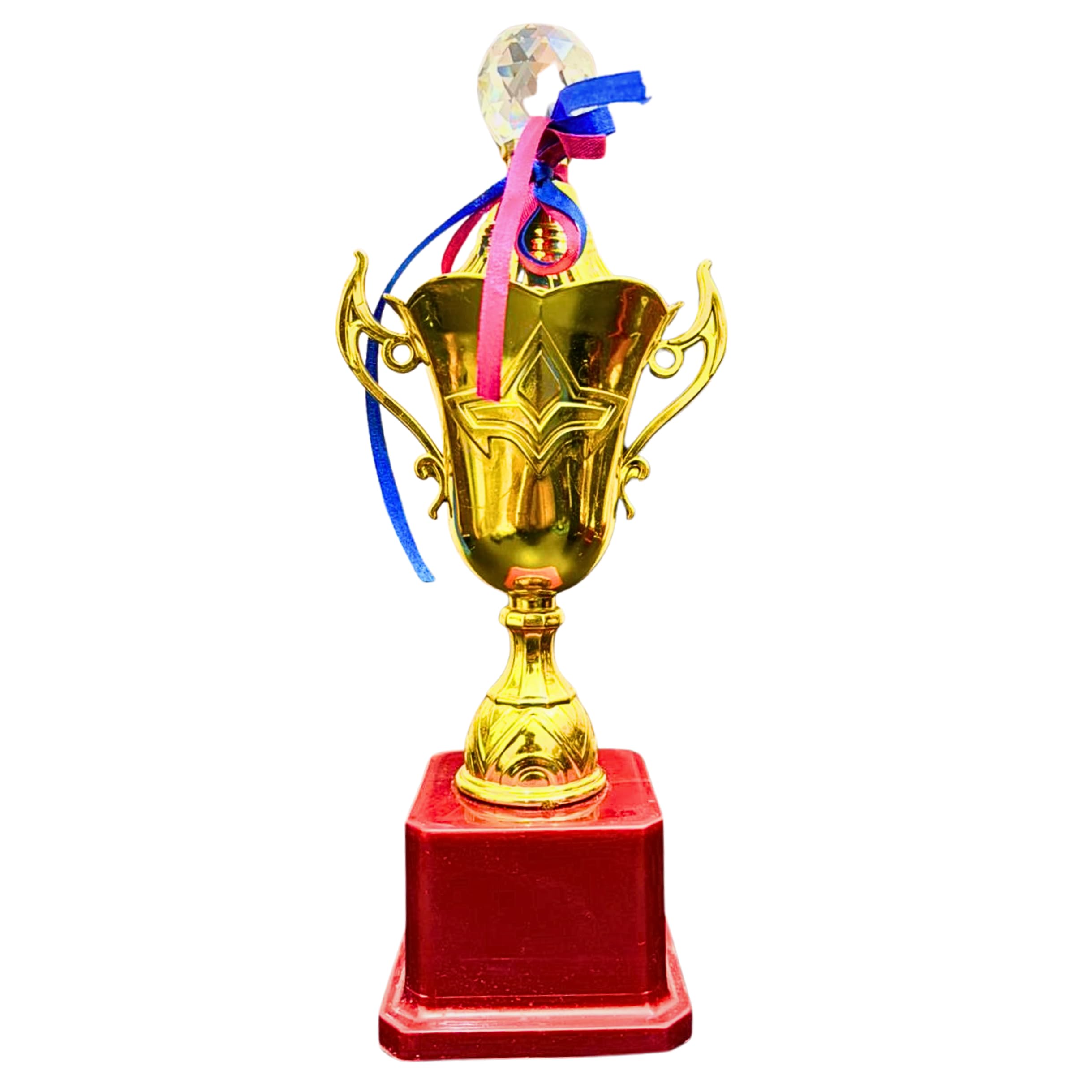 Designed Gold Trophy Cup with Crystal Top, Best for Winners and Champions Award, Heavy Polished Red Base, 13 Inches, Free Customisable Text and Logo-image-0