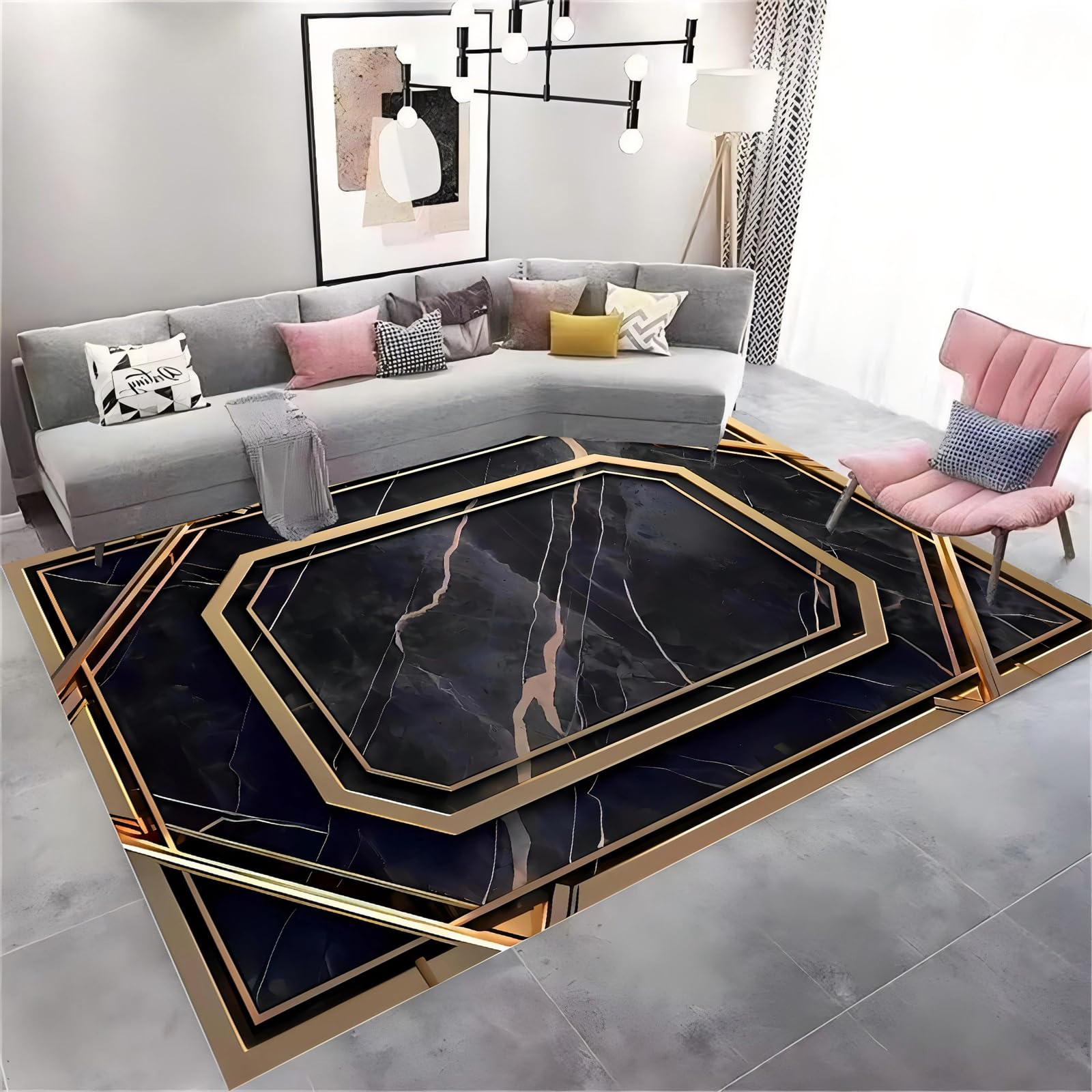 HONGXIU Black Gold Marble Area Rug, 180x300cm, Modern Classic Border Look Black Textured Rugs, Machine Washable Carpet Bedroom Rug, Vintage Area Rug Anti Slip Floor Carpet for Living Room Office
