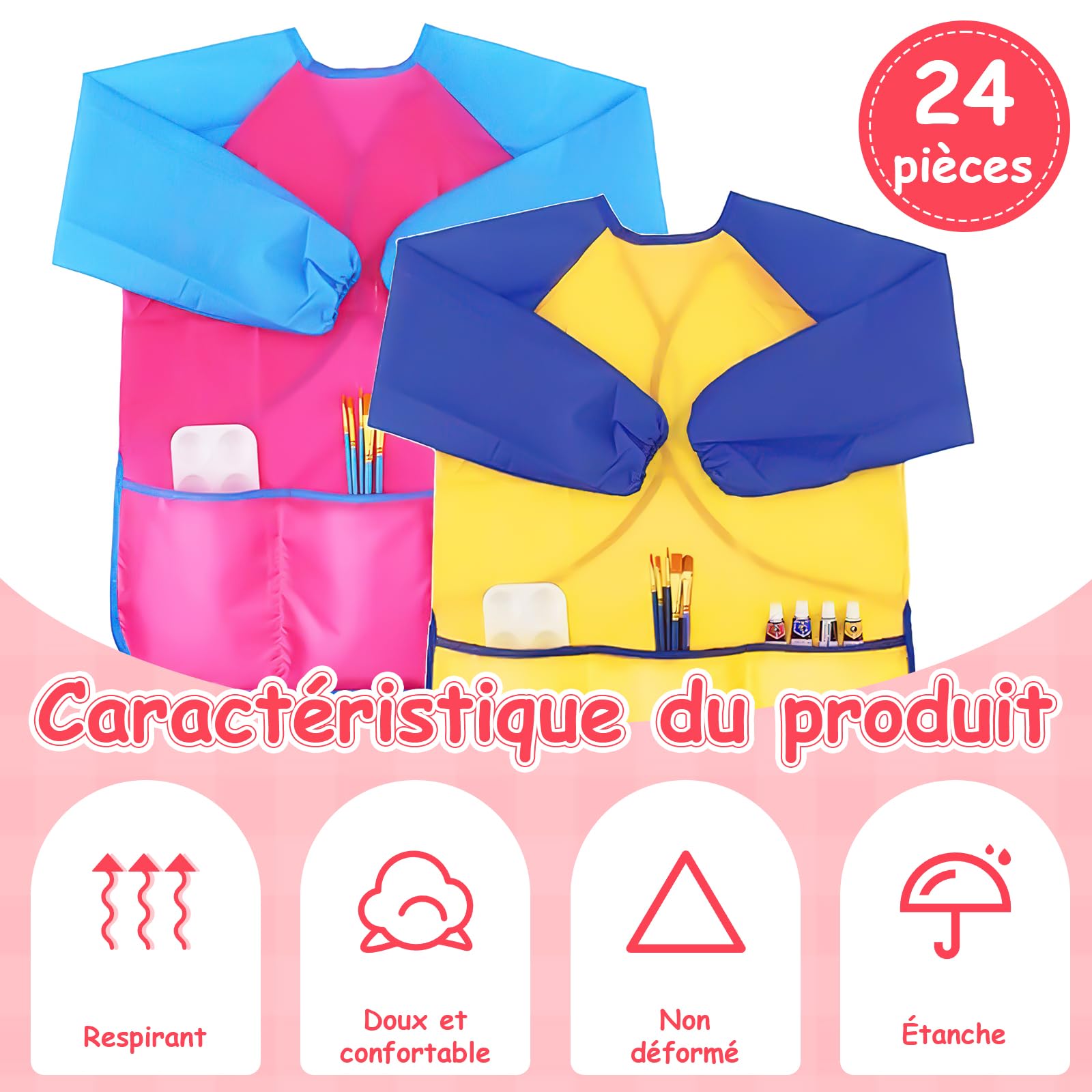 Lot de 24 Tablier Peinture Enfant 5-8 Ans, Blouse Peinture Imperméables | Tablier Cuisine à Manches Longues avec 3 Poches, pour École Activités Peinture Coloriage et Bricolage