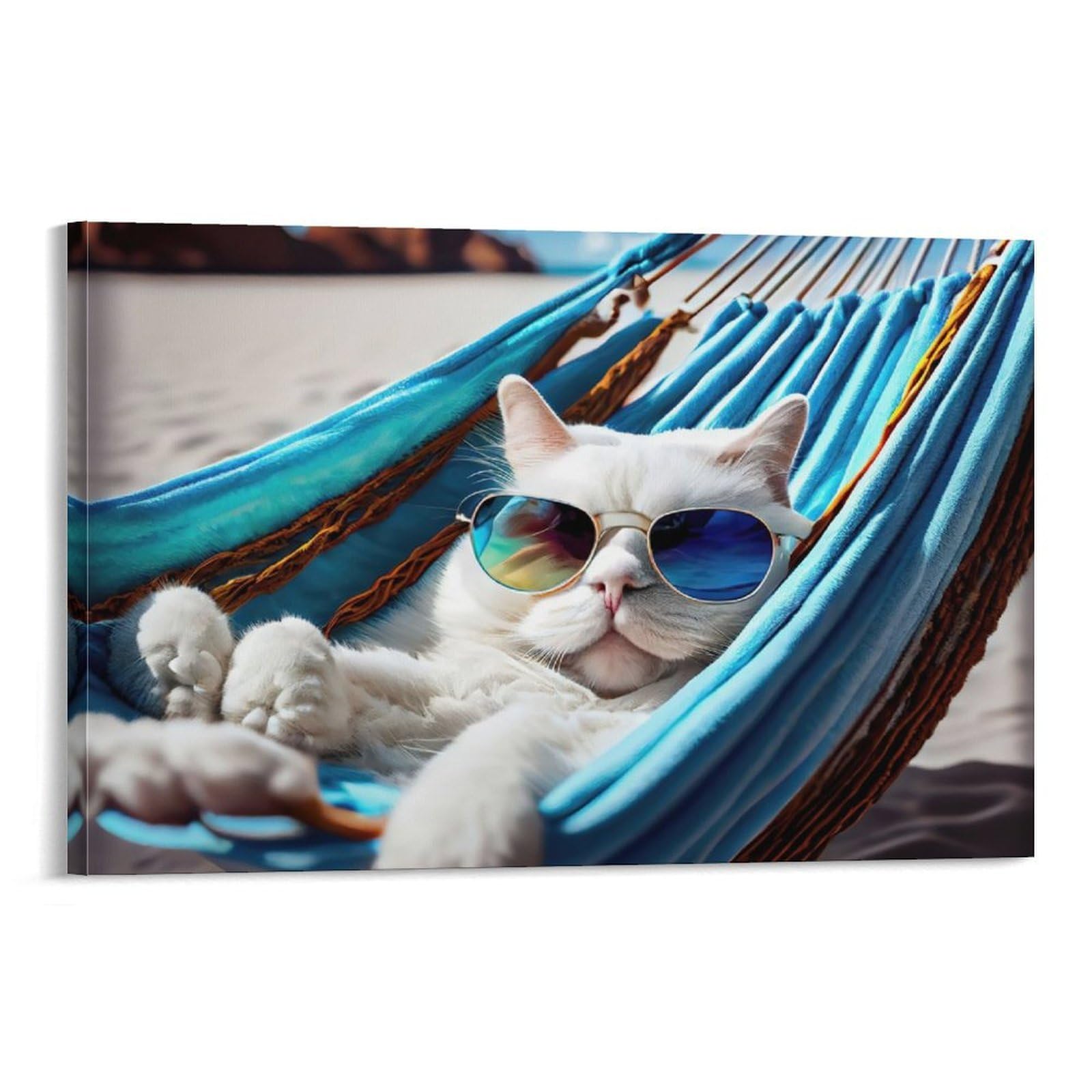 CPLVKWRQJ White Cat Individual White Cat Hammock Sunglasses Canvas Artwork - Bedroom Canvas Painting Easy to Clean Space Transformer Decor 20x30inch(50x75cm)