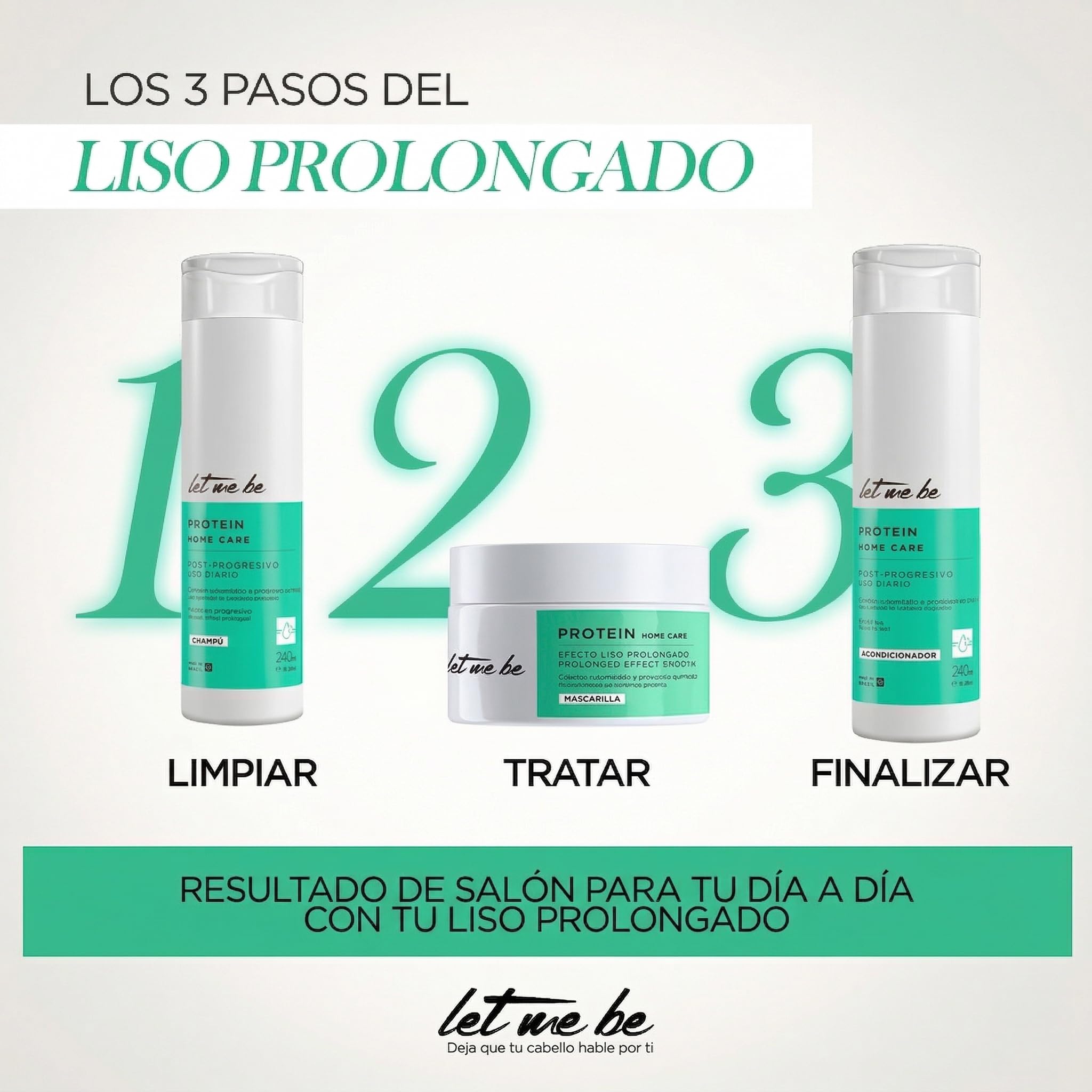 Let Me Be - Kit Protein Mantenimiento Liso Prolongado, Mantener y prolongar la alineación del cabello, Con colágeno hidrolizado y aminoácidos | 3 Productos (2x240ml, 250g)