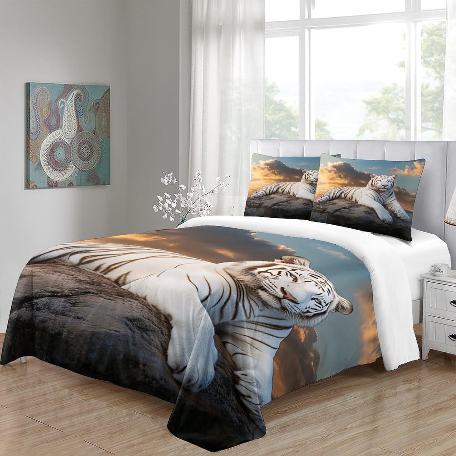 Funda Nordica Cama 135/150 Estampado de Tigre Ropa de Cama 3D Animales Salvajes 3 Piezas Suave Transpirable Microfibra Funda Nórdica 240x220 cm y 2 Fundas de Almohada 50x75 cm D.234