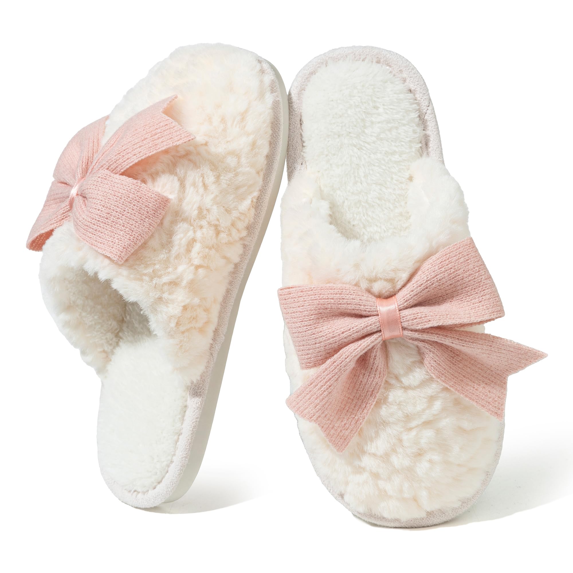 Bow Slippers for Women, Fuzzy Memory Foam House Shoes