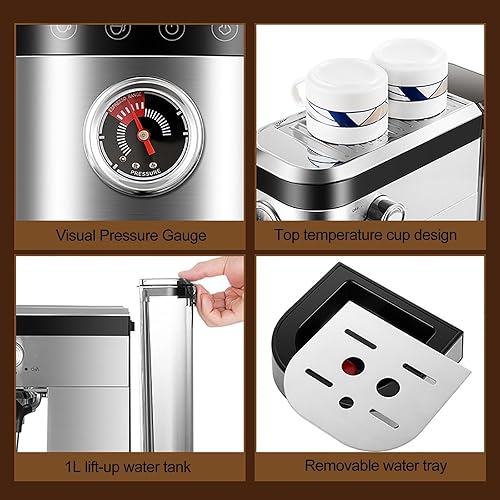 Miniatura 7 de Máquina de café semiautomática para café expreso, cafetera de café profesional, presión de bomba de 20 bares + varita de vapor de espuma de leche,