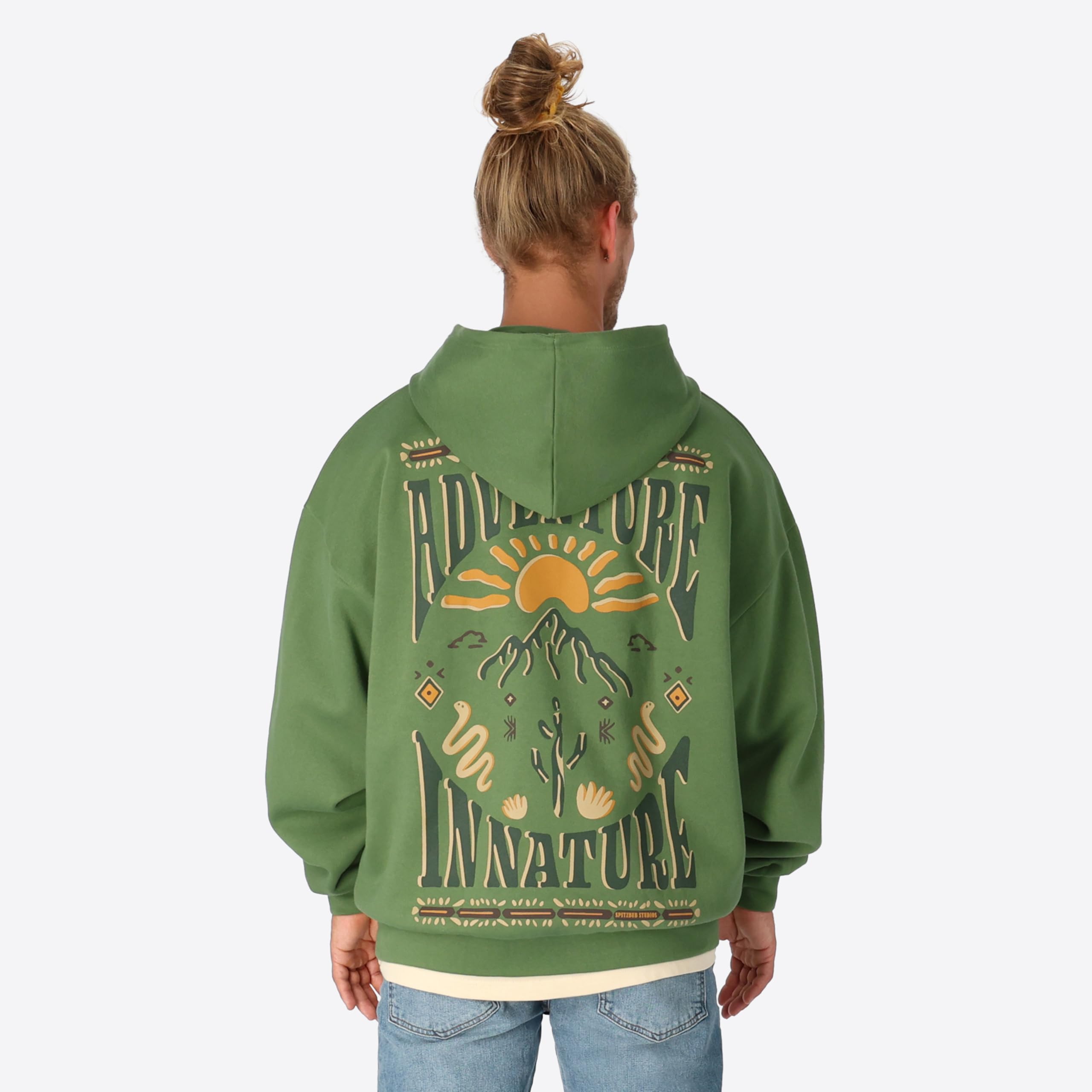 Spitzbub Oversized Hoodie Green Glow – Kapuzenpullover, Grün mit Kaktusprint auf der Brust & großem Rückenprint