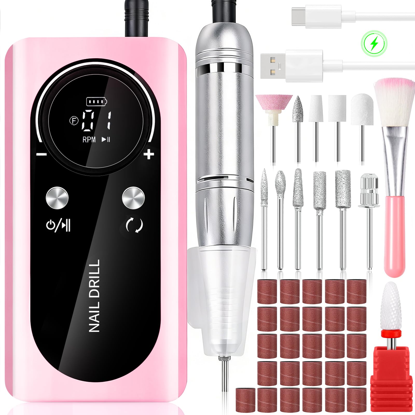 Torno Para Uñas Profesional 45000 Rpm, 12 En 1 Lima Uñas Electrica, Con Velocidad Ajustable, Recargable, Portátil, Para Uña De Gel Y Acrílicas, Manicura Y Pedicura,Salón Y Uso Doméstico