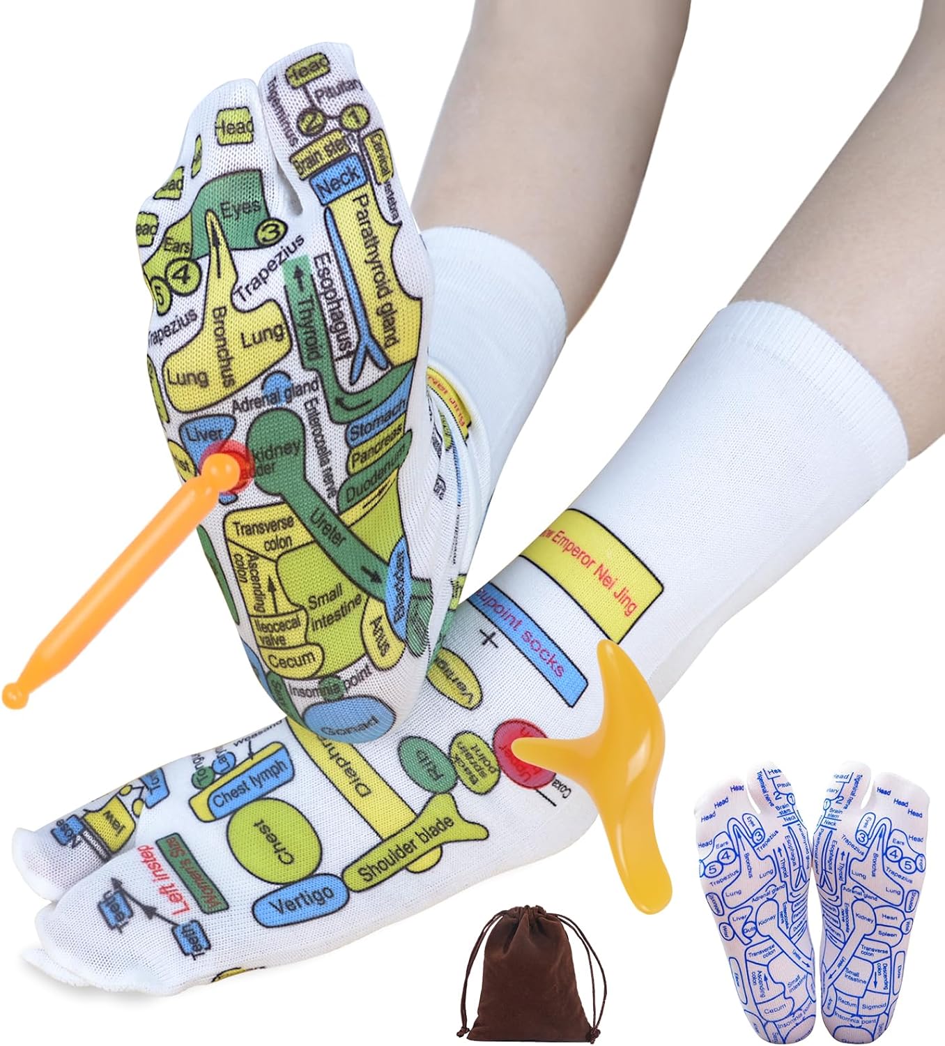 Reflexology Socks with Tools 2 Pairs Acupressure Socks & Pressure Point Massage Tool Pen Set Relieve Feet Pain & Fatigue Trigger Point Foot Massage Socks Ease Relief Socks Women Chiro Socks with Chart