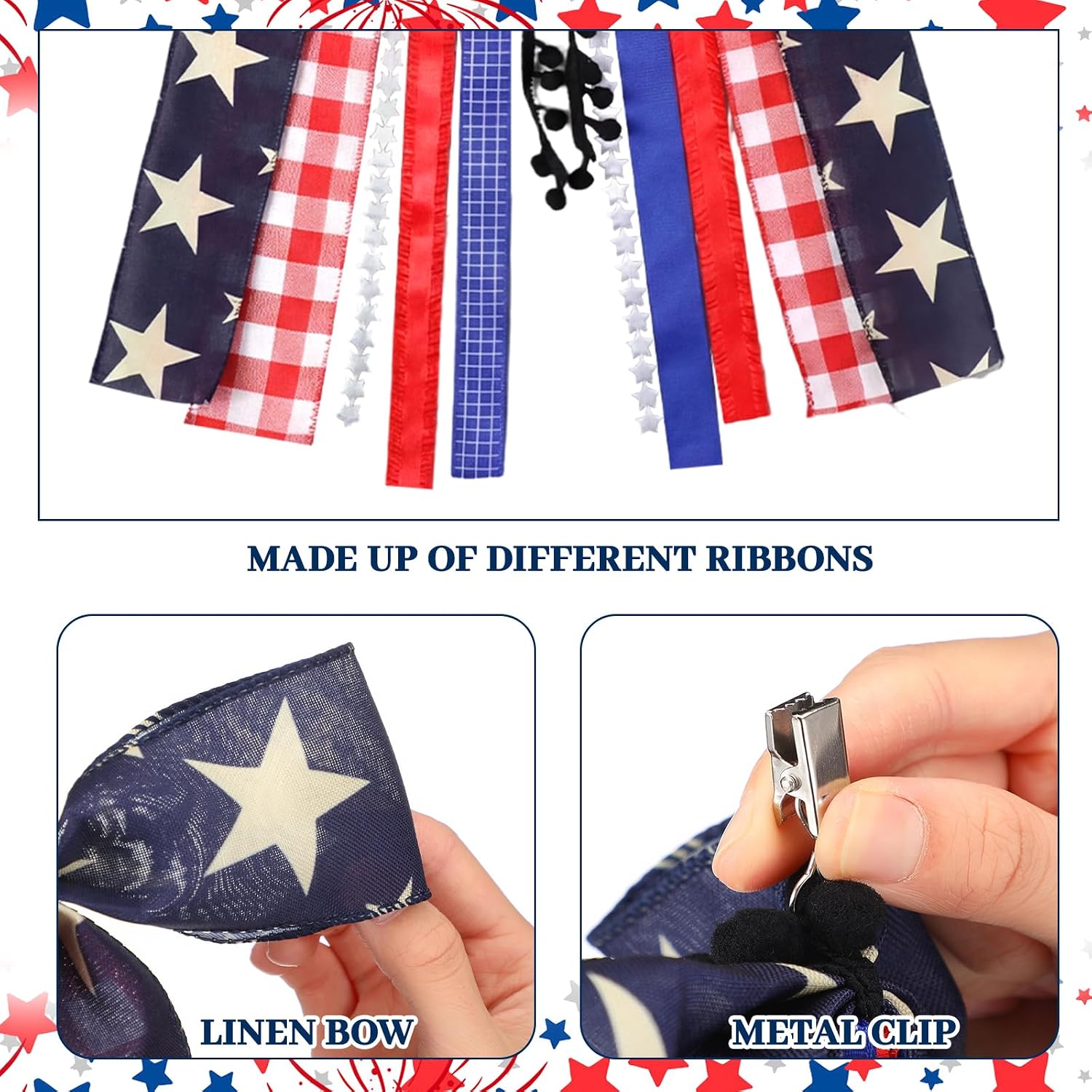 Tigeen 6 Pcs Large Patriotic Ribbon Bows with Small American Flags on Stick Red White Blue 4th of July Wreaths Bow for Front Door Indoor Outdoor 250th Anniversary Independence Day Memorial Decor