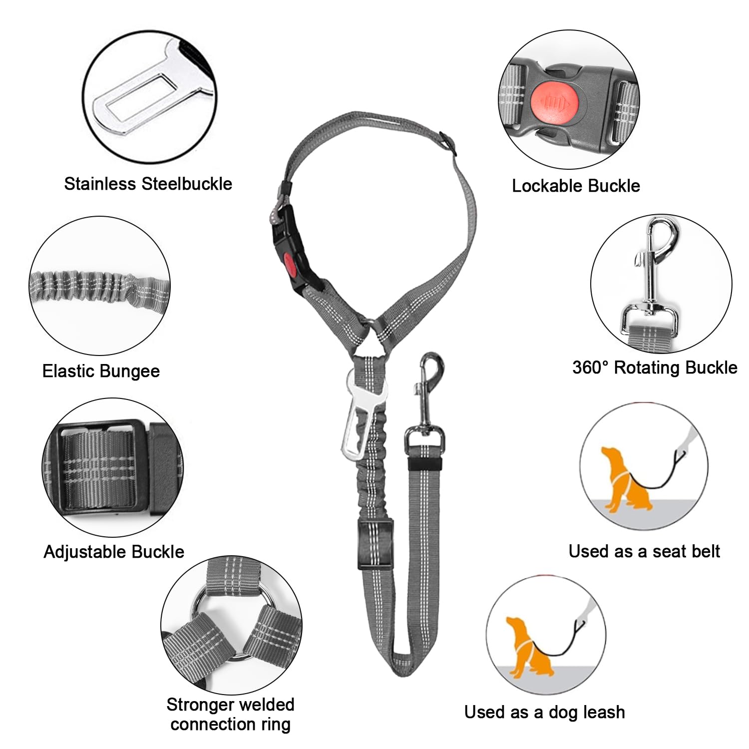 MOLHEM 2 Pack Pet Dogs Seat Belt for Car Adjustable Safety Elastic Lead Harness for Cars Anti Shock Elasticated Cushioned Leash (Grey) - Image 3
