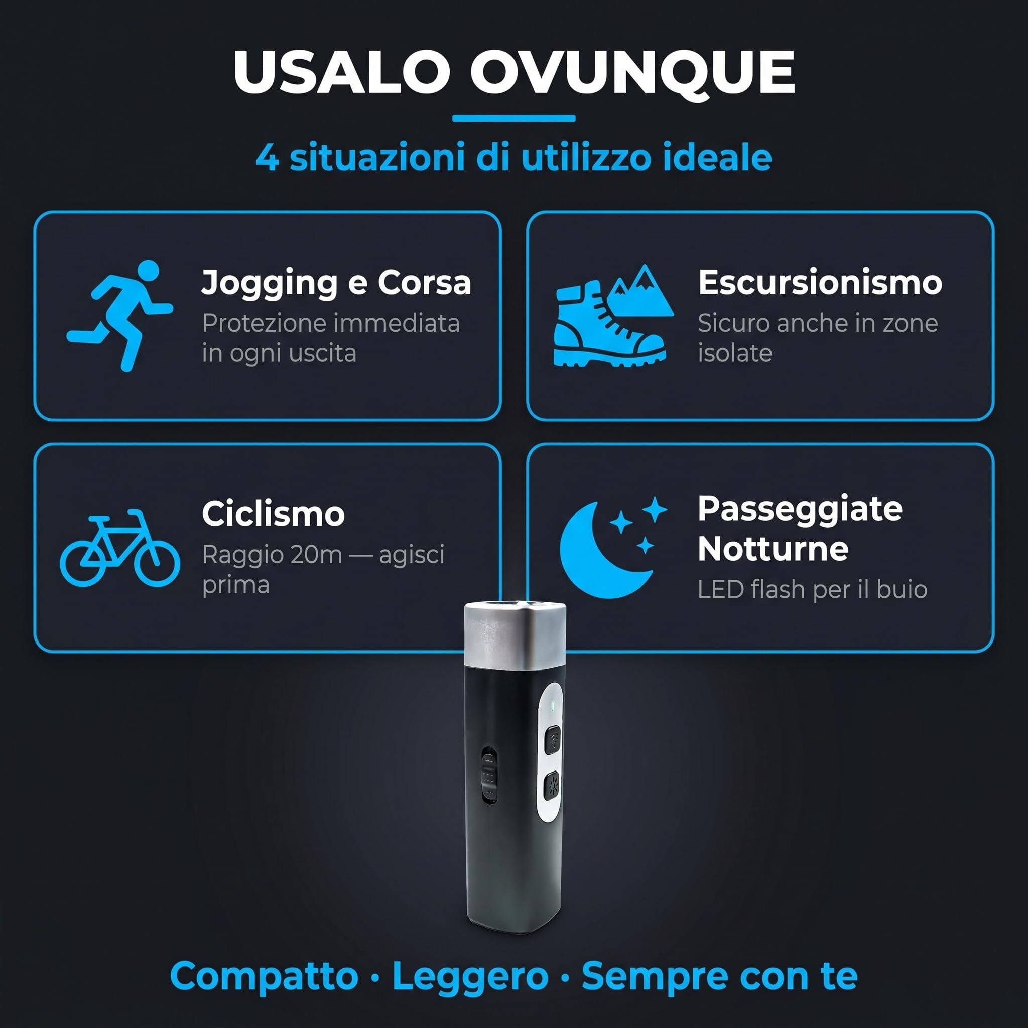 Dispositivo di Protezione da Attacchi di Cani con Ultrasuoni Potenti e LED Flash, Raggio 20m, Batteria Inclusa