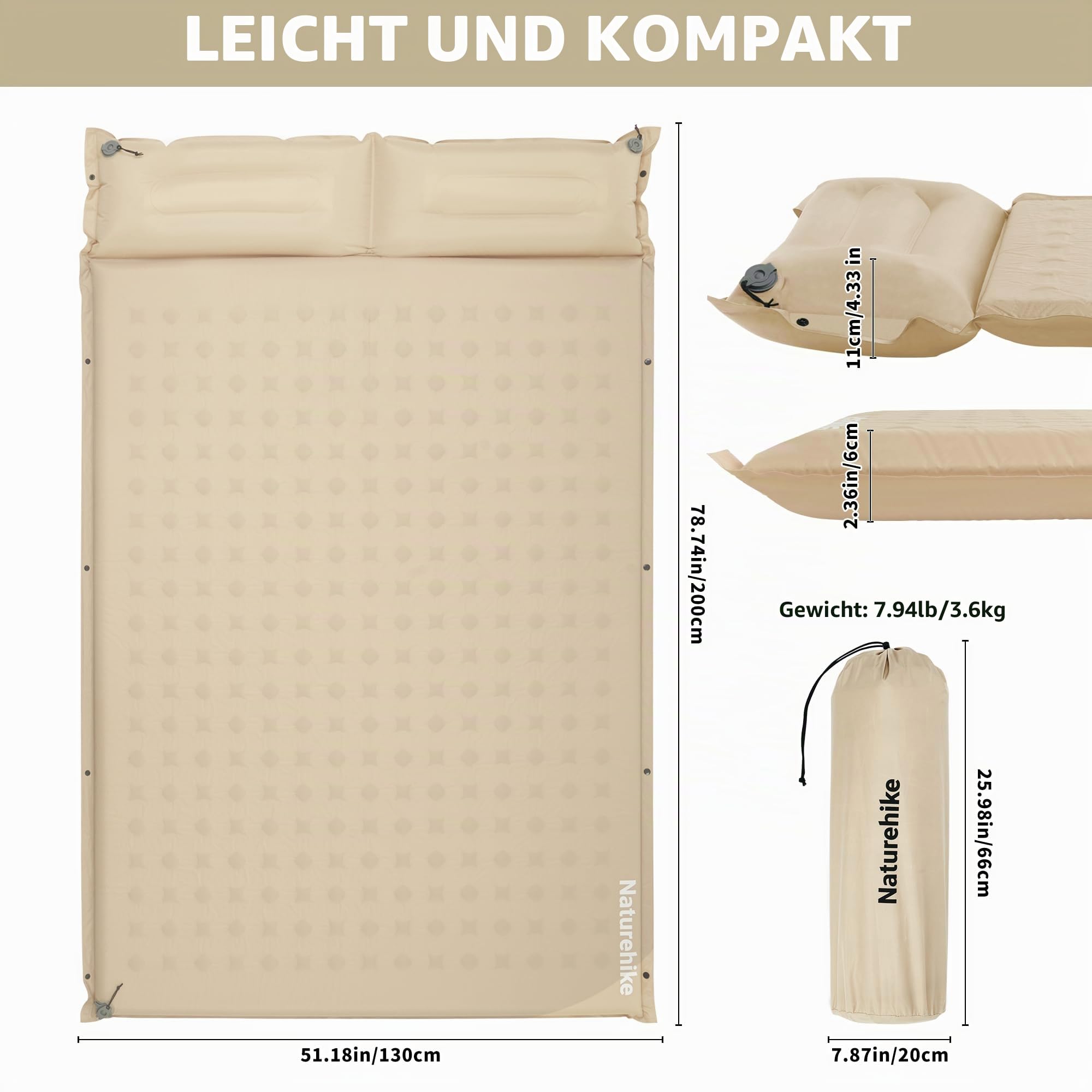 Naturehike Selbstaufblasende Luftmatratze mit Kopfkissen Leichte Camping Matte für Outdoor & Reisen, Selbst aufblasend und bequem