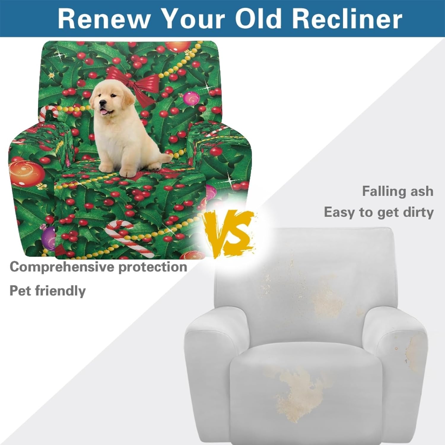 Christmas Tree Recliner Couch Covers Holly Hortensia Stretch Slipcovers Xmas Green Red Bow Furniture Protector 4 Pieces Lazy Boy Recliner Chair Covers with Elastic Bottom for Dog Kids
