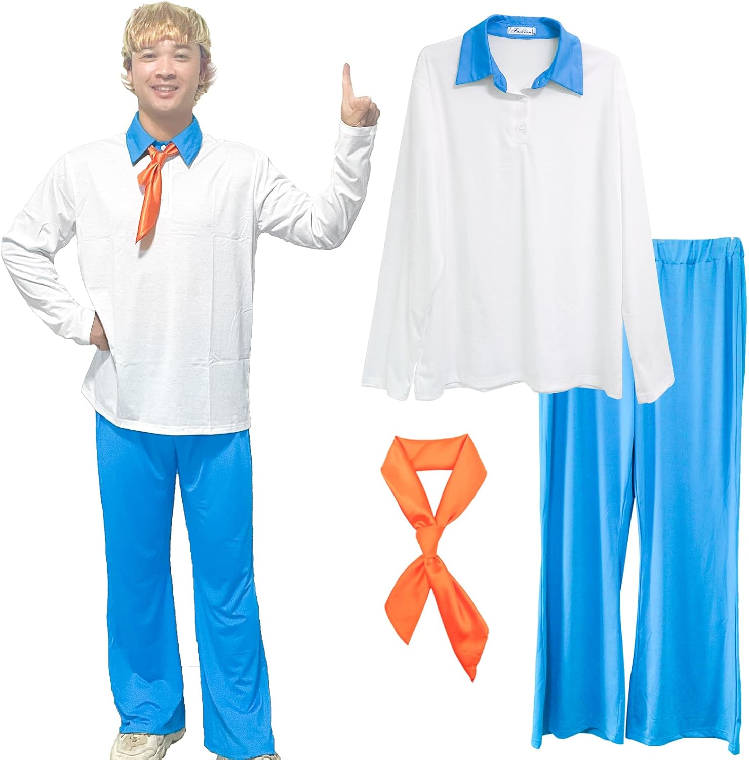 Halloween Costume for Men Shirt and Pants Set with Orange Scarf Classic Movie Outfits Cosplay White Blue XX-Large