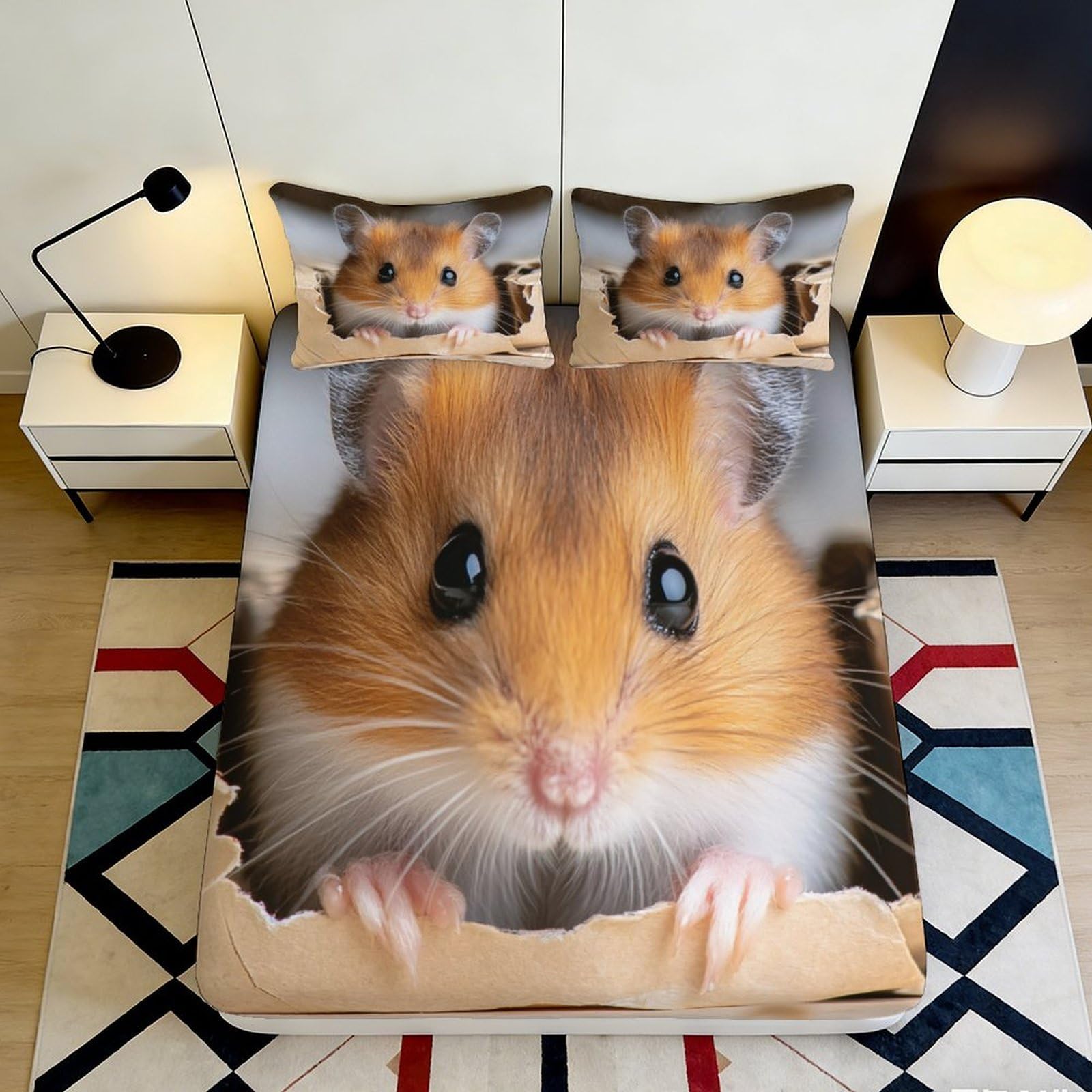 3D Printed Cute Hamster Fitted Sheet Microfiber Soft Breathable Animal Pattern Mattress Cover for Bedroom Dorm Mattress Protection Decor 140x200x25cm