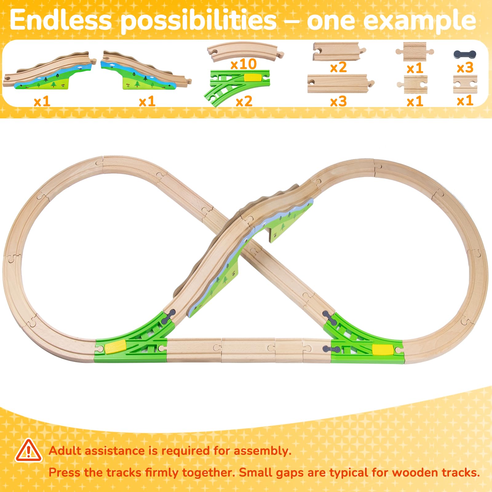 Kit de rails en bois, compatible avec tous les accessoires de chemin de fer en bois et rails en bois, robustes et durables, kit d'extension pour modélisme, jeu créatif pour enfants à partir de 3 ans