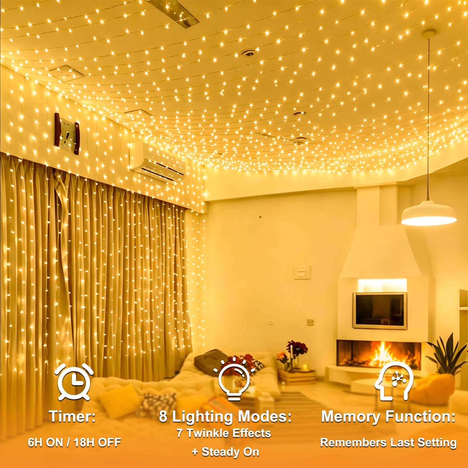 Lichtervorhang Aussen Innen 6x3m 600 LED, Lichterketten Vorhang mit Stecker | 8 Modi, Timer Lichterkette Hängend, Wasserdicht Lichtervorhang Außen für Wand Zimmer Pavillon Balkon Party Decke, Warmweiß