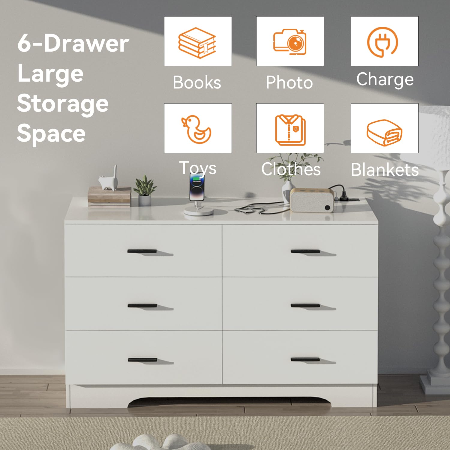 FJTJBSI VEKOO BORN IN BAMBOO Dresser with Power Outlets Wooden 6 Drawer  Dresser with USB and