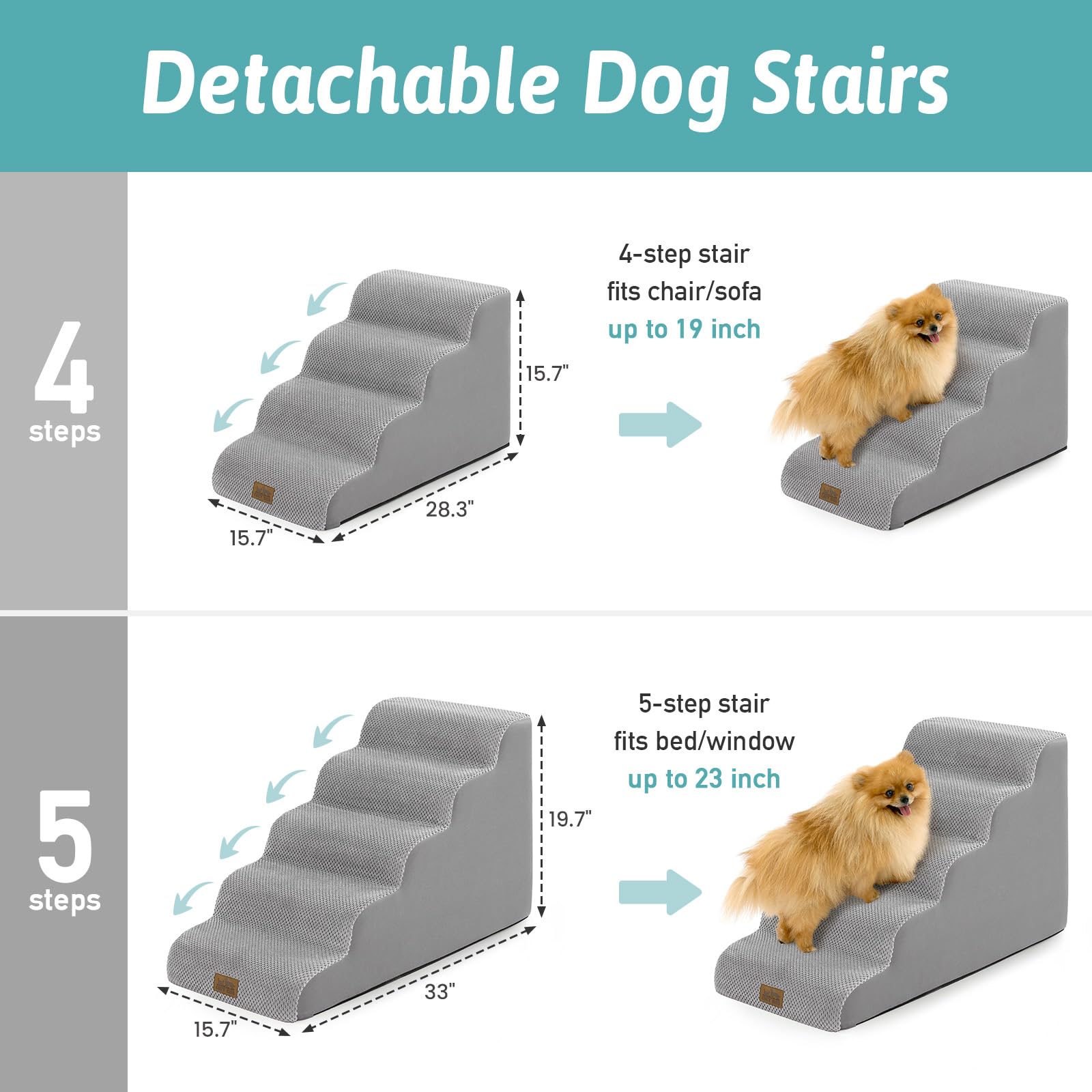 COZY KISS Escaleras para perros pequeños de 19.7 pulgadas de alto, escalón para mascotas con cubierta a prueba de fugas, rampa de espuma de alta densidad para cama, sofá o sofá, ligera, duradera