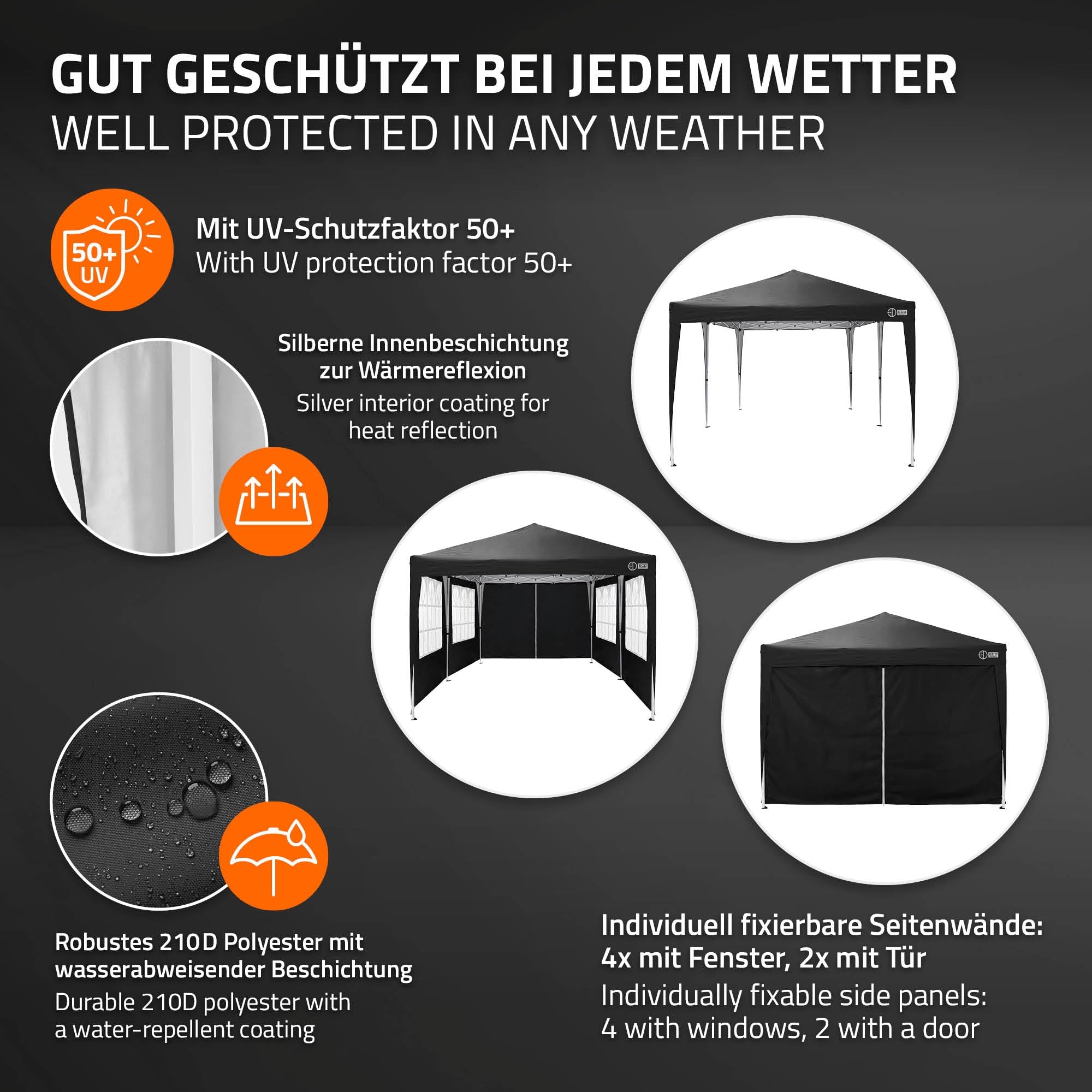 ECD Germany Carpa Plegable 3x6 m para Exteriores, Impermeable y Resistente al Viento, Pergola de Jardín, Cenador con 6 Paredes Laterales, Gazebo Negro Altura Regulable, para Fiestas, Camping, Eventos