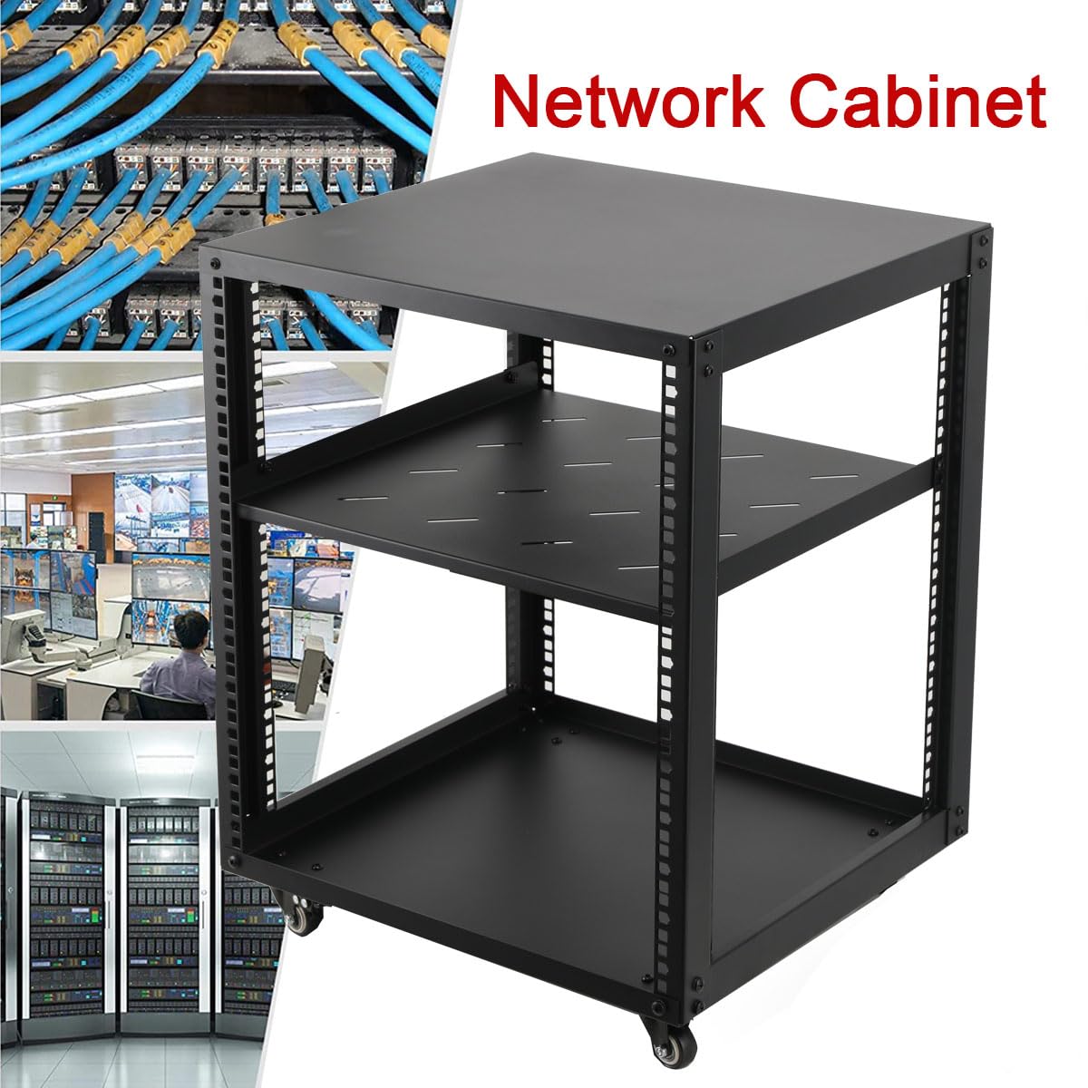 Rack Server a Telaio Aperto 12U 19", Rack Mobile a Telaio Aperto a 4 Colonne per Server, Armadio di Rete con Ruote per Apparecchiature Informatiche/AV/Dati