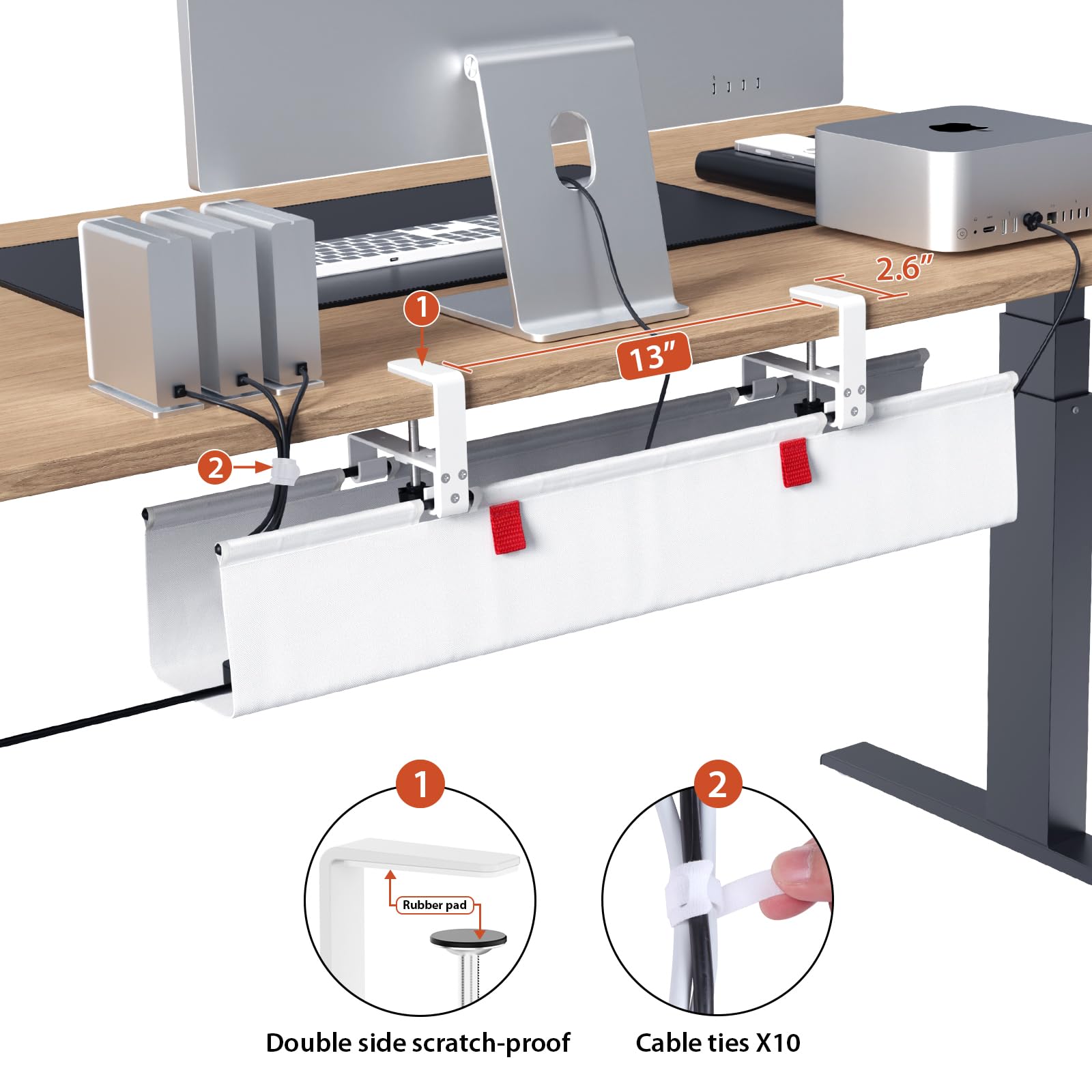 Univivi Kabel-Management-Tablett ohne Bohren, 71,1 cm Kabel-Organizer für Tisch, Klemm-/Schraubbefestigung, Schreibtisch-Kabel-Management, Premium-Stoff-Kabelmanagement-Tablett für Büro, Zuhause