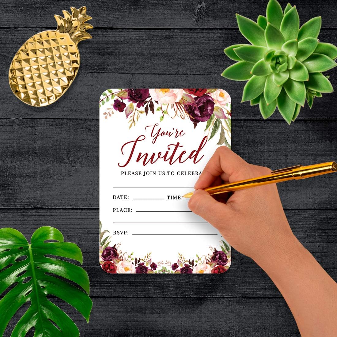 Andaz Press Fall Autumn Burgundy Maroon Floral Flowers Party, 5x7-inch Fill in the Blank Invitations with Envelopes, You're Invited, Join Us to Celebrate, 24-Pack, Includes Cards & Envelopes