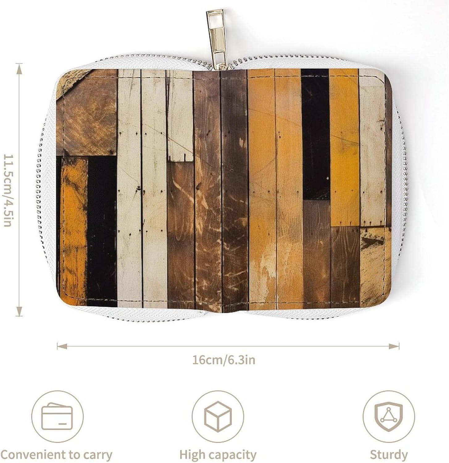 Leather Card Organizer Case Card Wallet Credit Card Holder Rustic Wooden Printed Zipper Card Cases Holder for Women Men