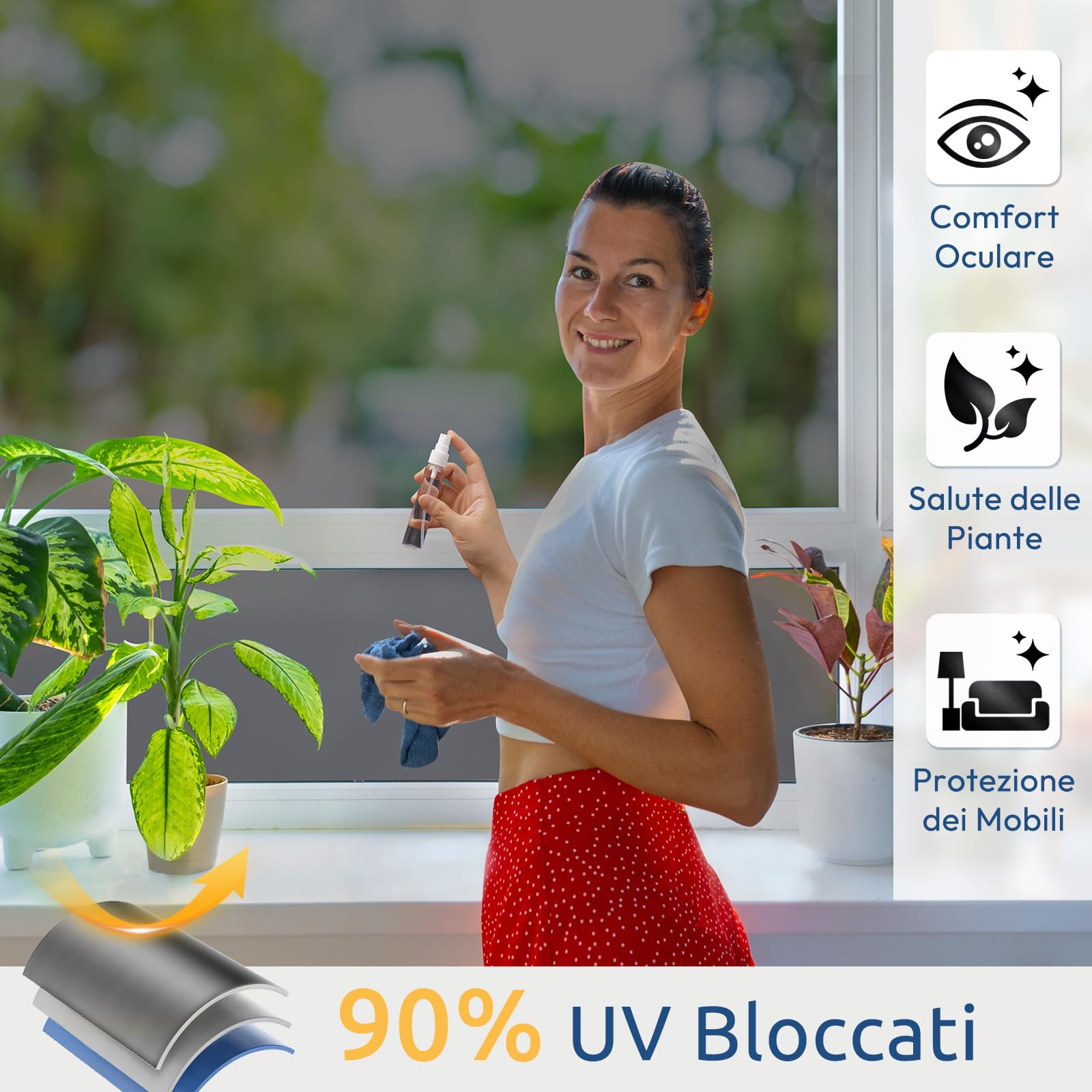 rabbitgoo Pellicola Specchio per Vetri Finestre Privacy con Kit di Installazione, Adesivo Statico, Pellicola Specchio Anti Sole Anti UV Controllo del Calore per Casa Ufficio, 90x400cm, Nero Argento