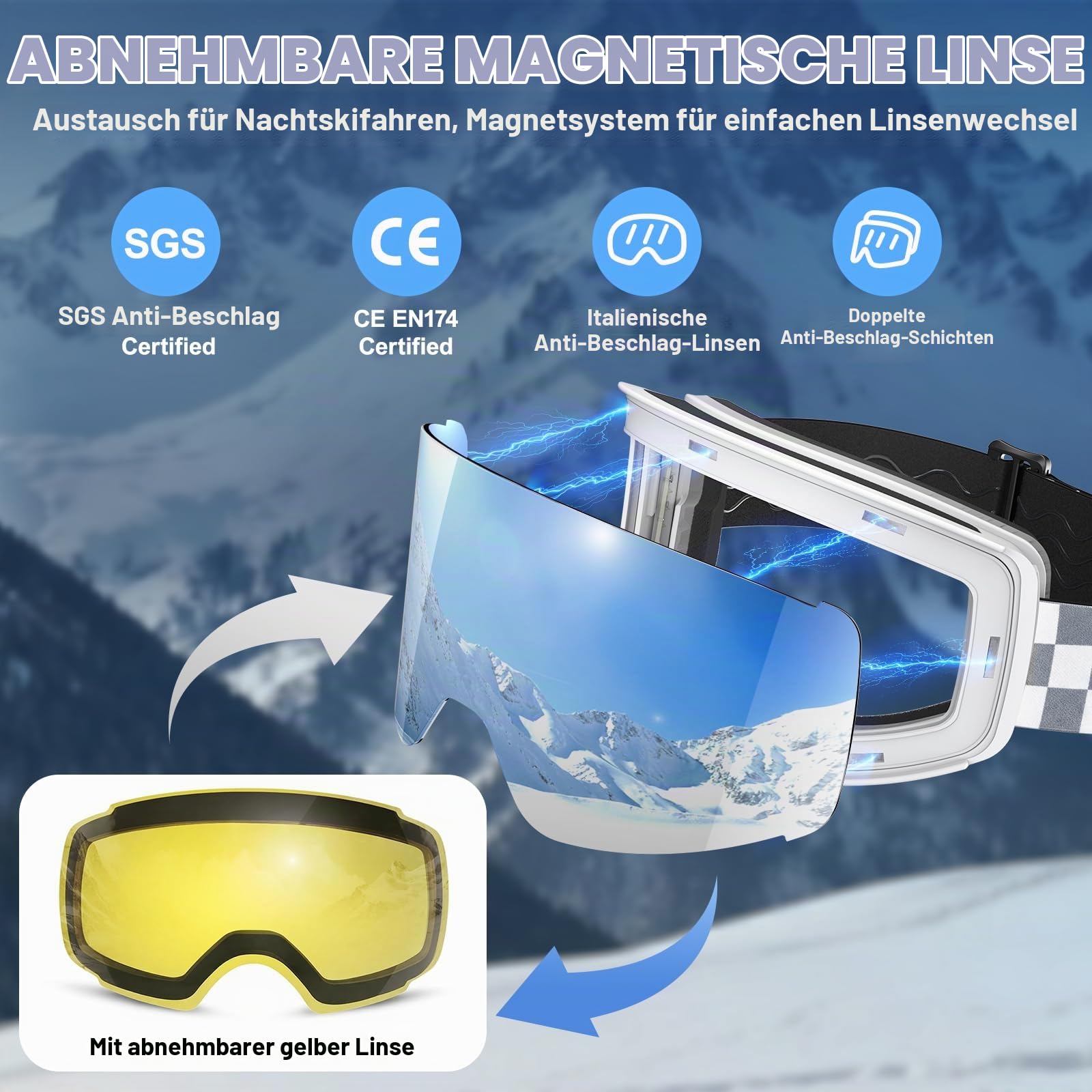 Skibrille OTG, Skibrille Snowboardbrille für Damen und Herren mit 2 Magnetische Wechselglas, Anti-Nebel Snowboard Brille Ski Goggles UV-Schutz für Herren Damen Teenager, Ski & Snowboard