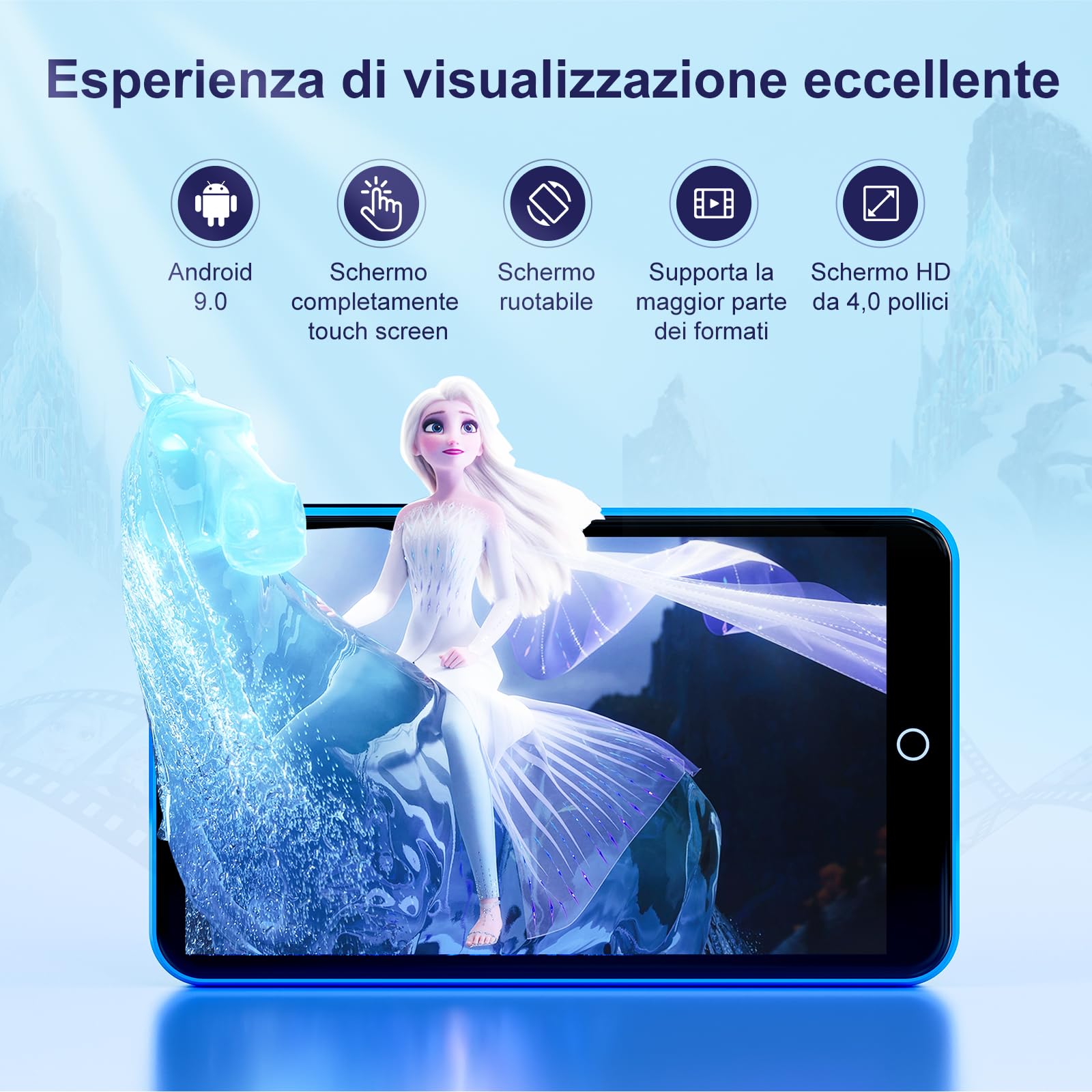 Lettore MP3 da 16 GB con Bluetooth e Wi-Fi, lettore MP3 e MP4 Android con touchscreen da 4 pollici e altoparlante, lettore musicale Spotify da 2000 mAh con Spotify Kids, Audible, Amazon Music