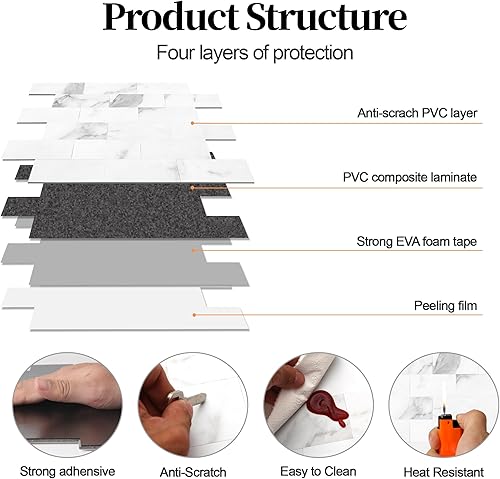 Miniatura 10 de Paquete de 10 azulejos de despegar y pegar para cocina, panel de madera más grueso de 11.3 x 11.5 pulgadas, para azulejos de baño, calcomanías de