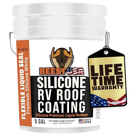 BEEST RV Roof Coating Silicone White, 5 Gal Covers up to 167 sq ft (2 Coat)| Liquid Rubber RV Roof Sealant for Trailer, Camper & Metal Building - Elastomeric Repair Coating, EPDM, TPO Sealer, sealant