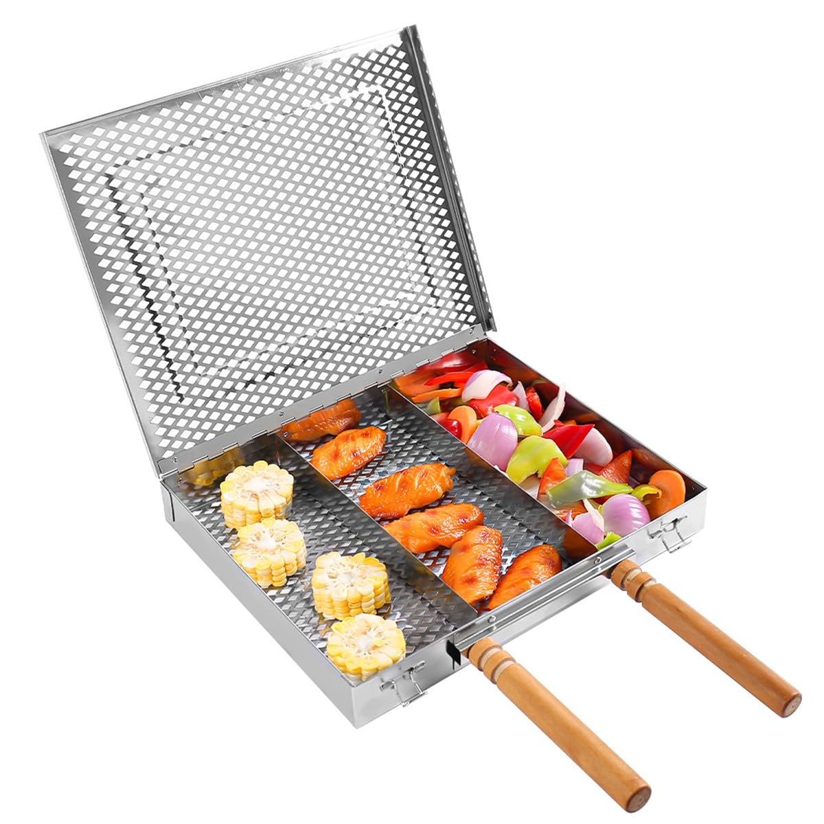Griglia in acciaio inox con manico rimovibile in legno resistente al calore per pollo, pesce, verdure, 30,5 x 25,5 x 4 cm