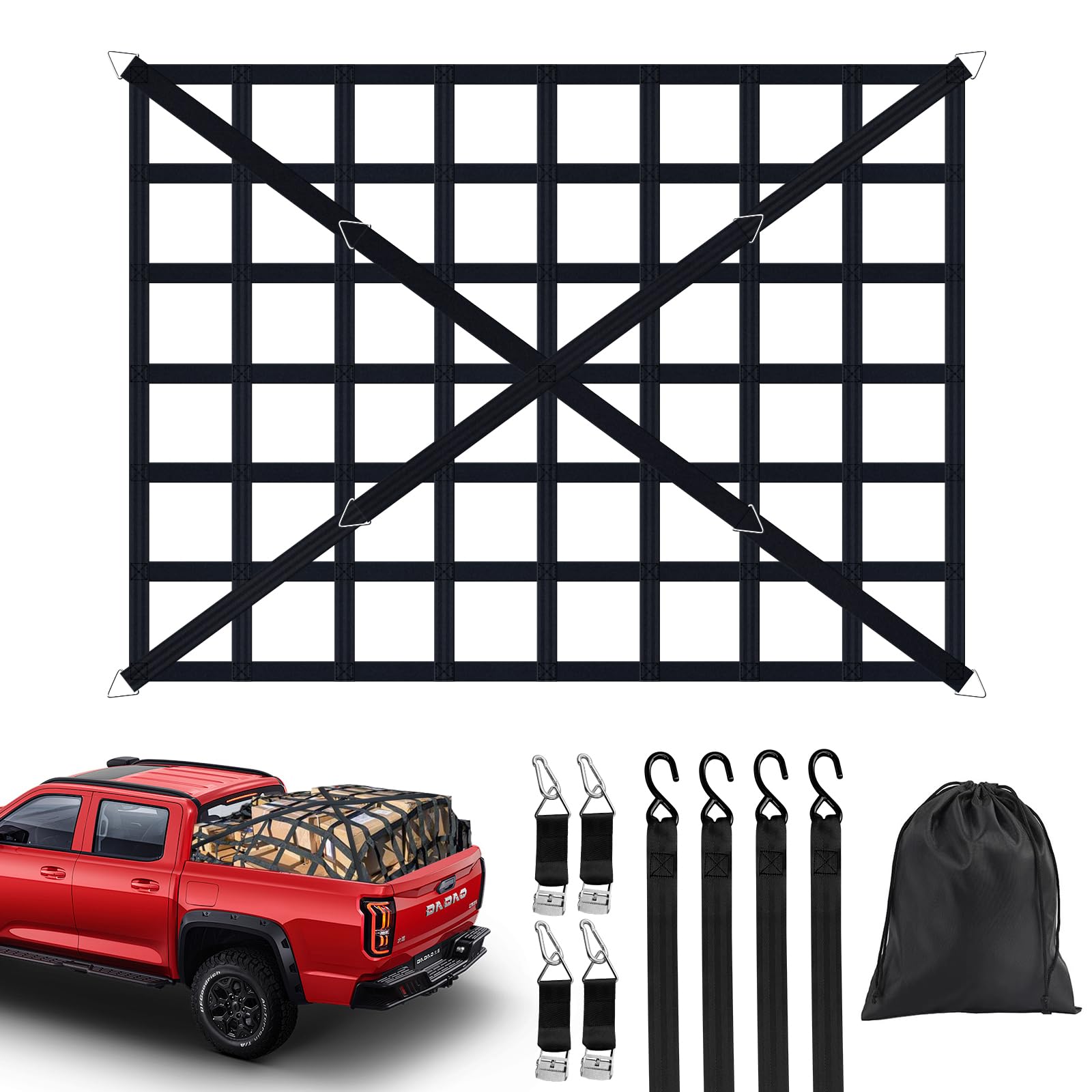Rete per bagagli per pickup camion, superficie di carico regolabile, per rimorchio, resistente, antistrappo, per portellone posteriore, regolabile, per rimorchi, camion, rimorchi, 4 cinghie