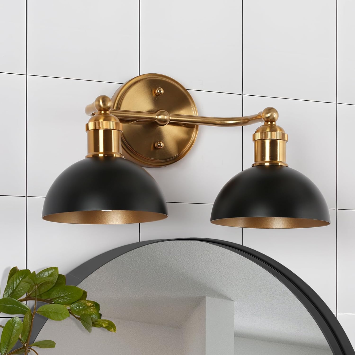 Black Gold Bathroom Light Fixtures, 2-Light Farmhouse Vanity Lights Over Mirror with Metal Dome Shade, Modern Wall Sconces Lighting for Kitchen, Bedroom and Hallway