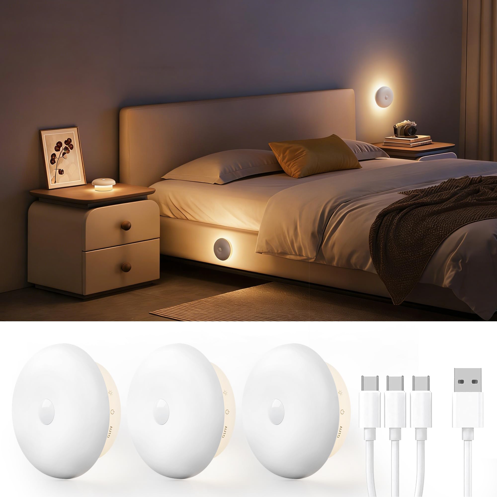 Homelist Nachtlicht mit Bewegungsmelder, Weiches indirektes Nachttischlampe, 1500mAh Akku bewegungsmelder licht mit 3 Lichtfarben & Dimmung für Schlafzimmer, Flur, Bad, Kinder, Senioren (3 Stück)