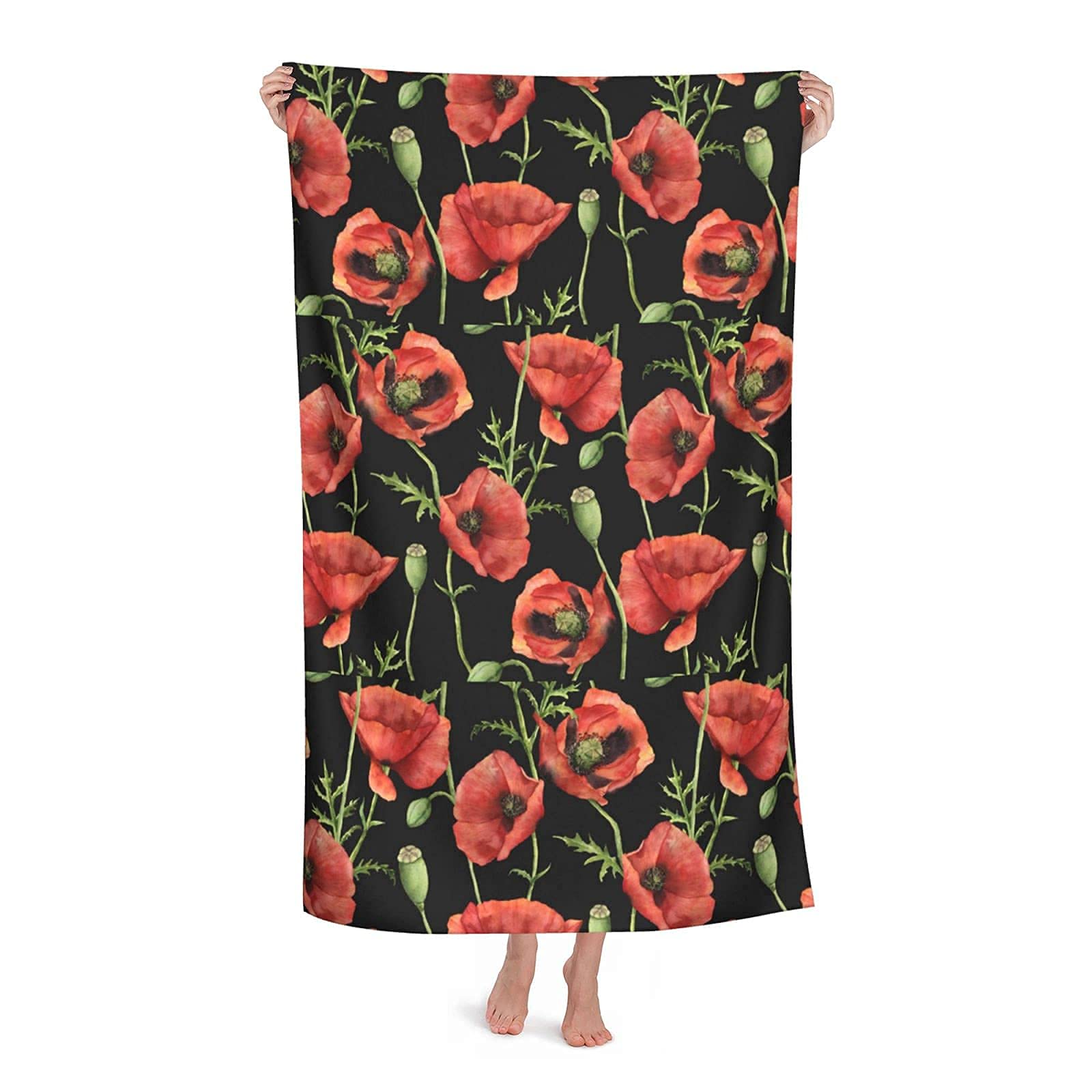 Loujin Red Beach Towel Poppy Flowers Leaves Highly Absorbent Microfiber Blanket Soft Bath Towels 80X130cm