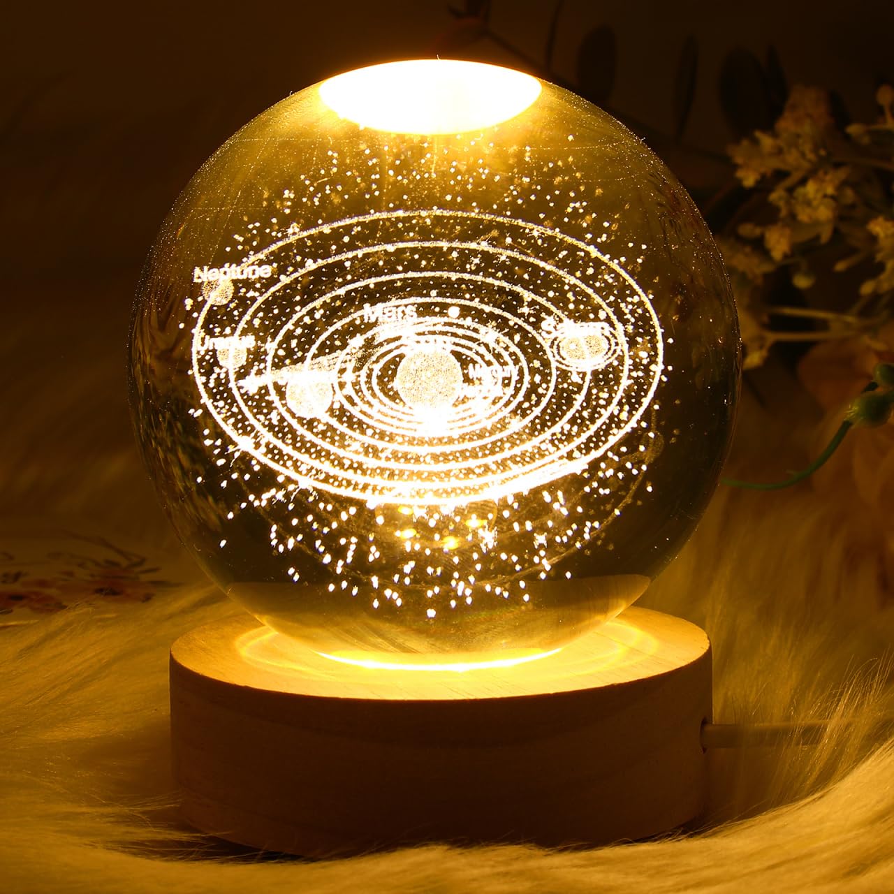 Hemobllo Solar System 3D Carved Crystal Ball Lamp with Wooden Base - Image 2
