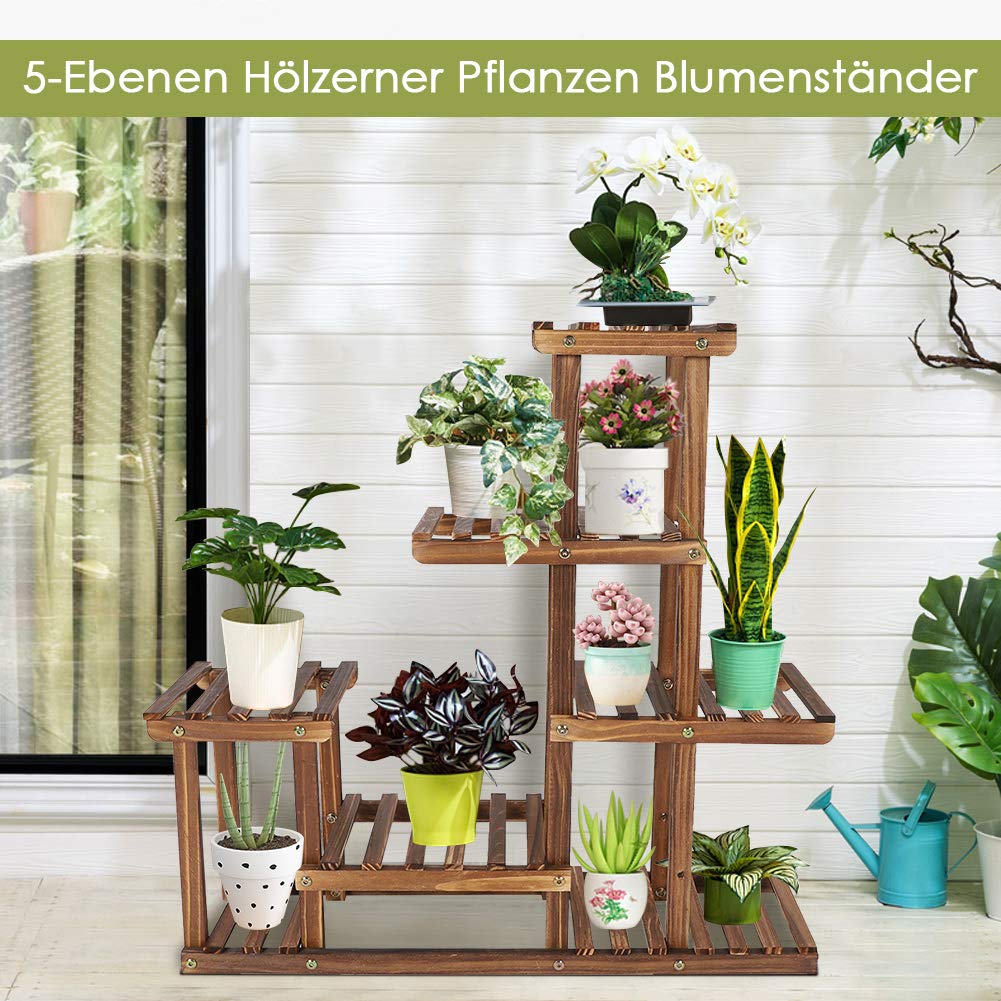 Ejoyous Blumenregal Blumentreppe Holz mit Pflanzenregal, 5-schichtiger Blumenständer aus hochwertiger Kiefernholz für Innen-Balkon Wohzimmer Outdoor Garten Blumenständer