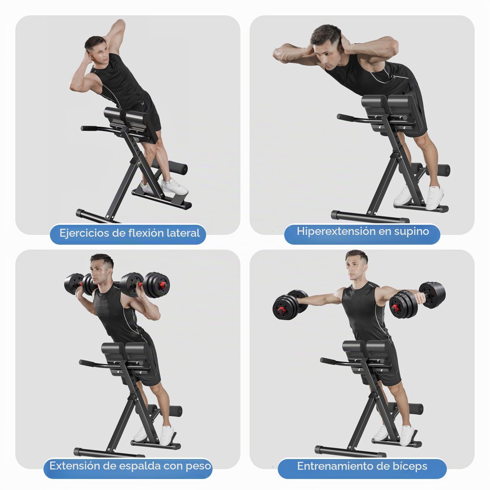 Hyperextension - Silla romana plegable con extensión de espalda y entrenador abdominal, 8 sillas romanas ajustables, banco de hiperextensión, glúteos, isquiotibiales, entrenamientos abdominales