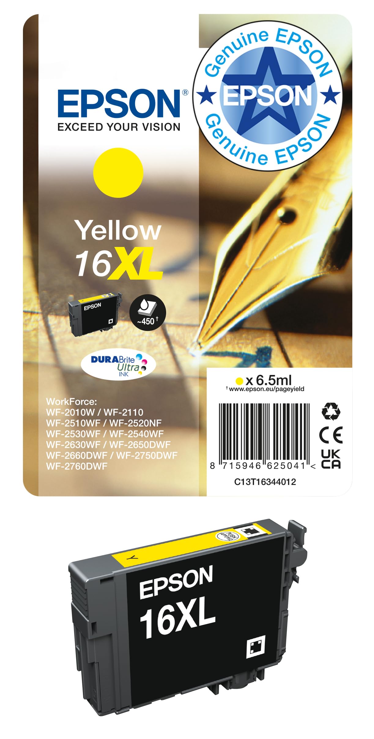 GENUINE EPSON 16XL Yellow cartridge T1634 Pen & Crossword vacuum sealed ink 2027