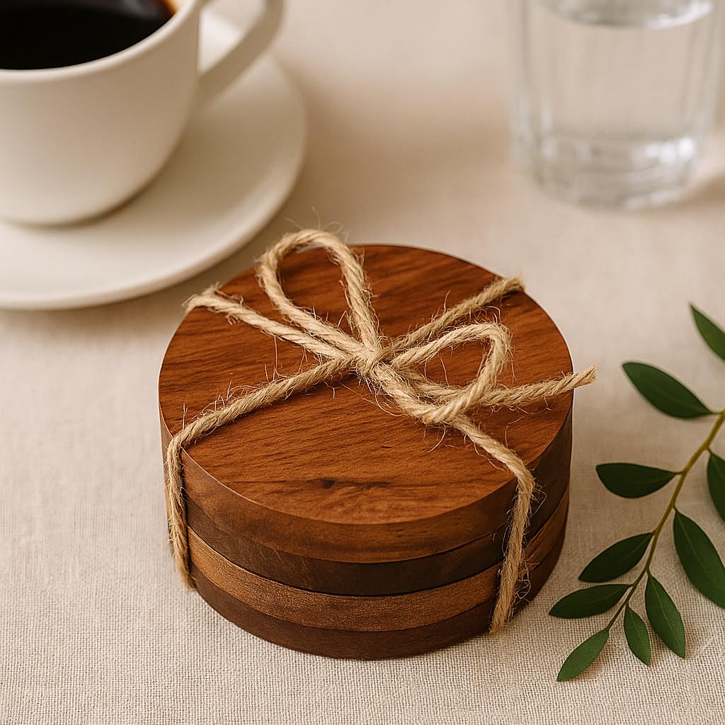 Wood Chop | Solid Acacia Wood Round Coasters for Table/Bar | Natural Wood Finish | Elegent & Simple Design | 4 Inch Diameter * 0.5 Inch Thickness | Set of 4-image-43