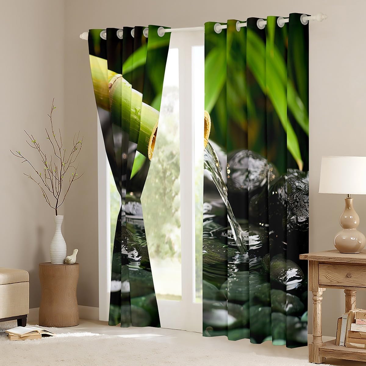 Feelyou Zen Stones Pattern Curtain Meditation Blackout Curtains() for Bedroom Tranquil Nature Artwork Darkening Window Dreapes Zen Spiritual Green Window Treatments Decor (2 Panels, 52 x 63 Inch)