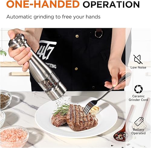 Miniatura 2 de 4T7 Juego de molinillo de sal y pimienta, molinillo de pimienta con gran capacidad, operación con una mano, acero inoxidable completo, grosor