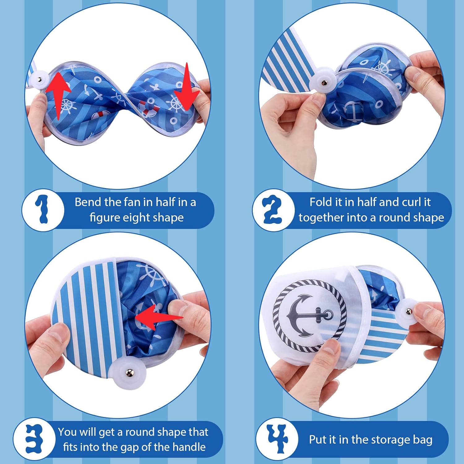 RattanView 20 Pcs Navy Anchor Folding Fans for Nautical Theme Parties, Summer Events & Decor - Round Portable Polyester Hand Fans with Storage Bags & Handle (2 Anchor Designs)