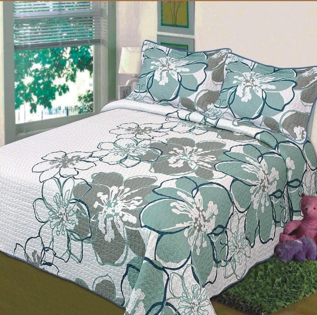 Legacy Decor 3 PC Quilted Bedspread Coverlet White with Teal Sage and Blue Flowers Soft Microfiber King Size
