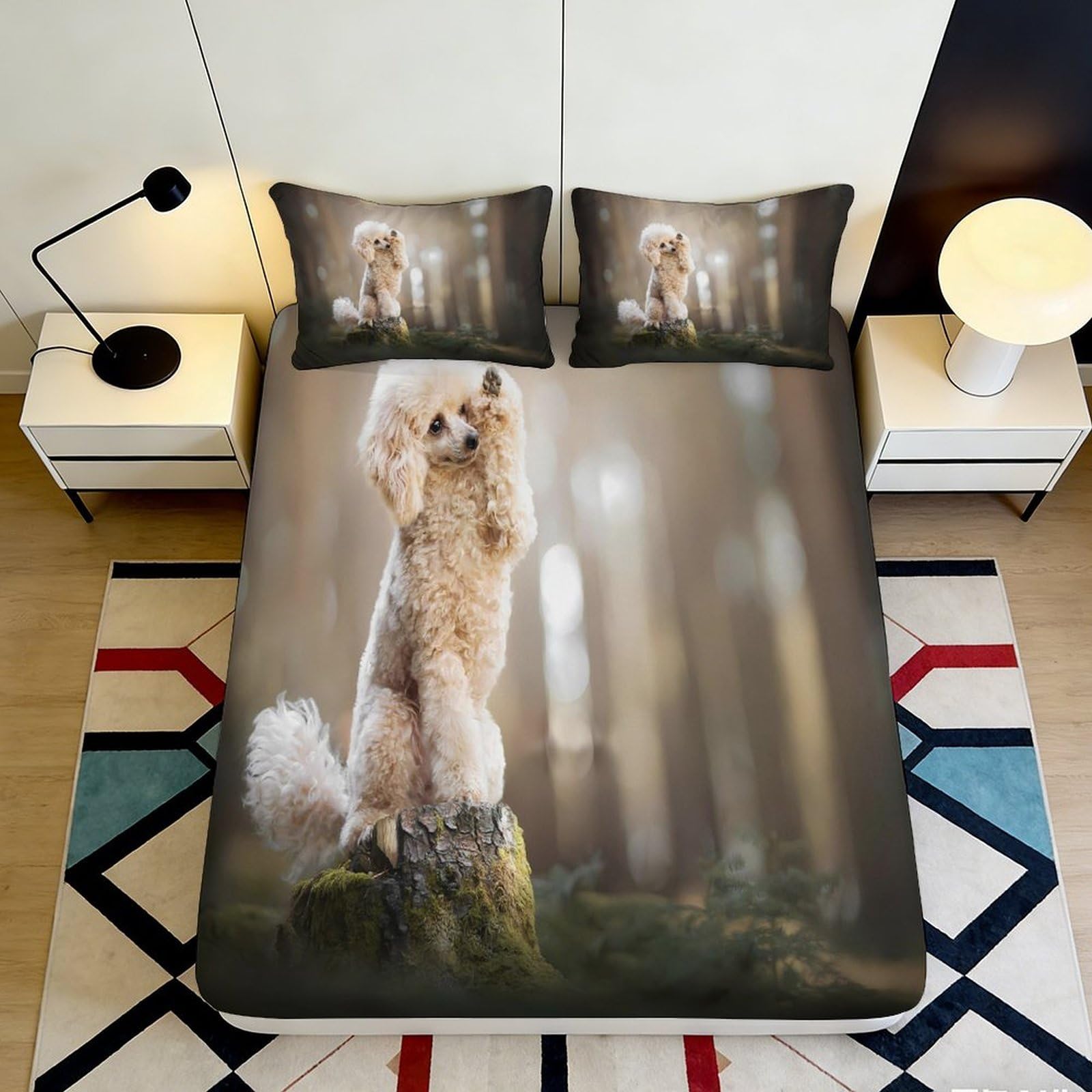 3D Printed Cute Poodle Fitted Sheet Microfiber Soft Breathable Forest Dog Mattress Cover for Bedroom Dorm Mattress Protection Decor 160x200x25cm