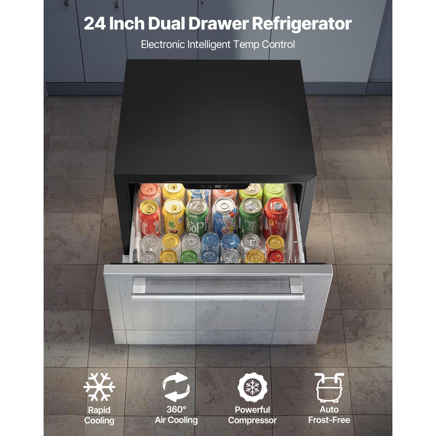 Happybuy 24-Inch Under Counter Drawer Refrigerator, Stainless Steel Dual Drawer Fridge With Temperature Control, LED Display, And Powerful Compressor For Home, Office, Or Outdoor Use on Fridge.com - View 2