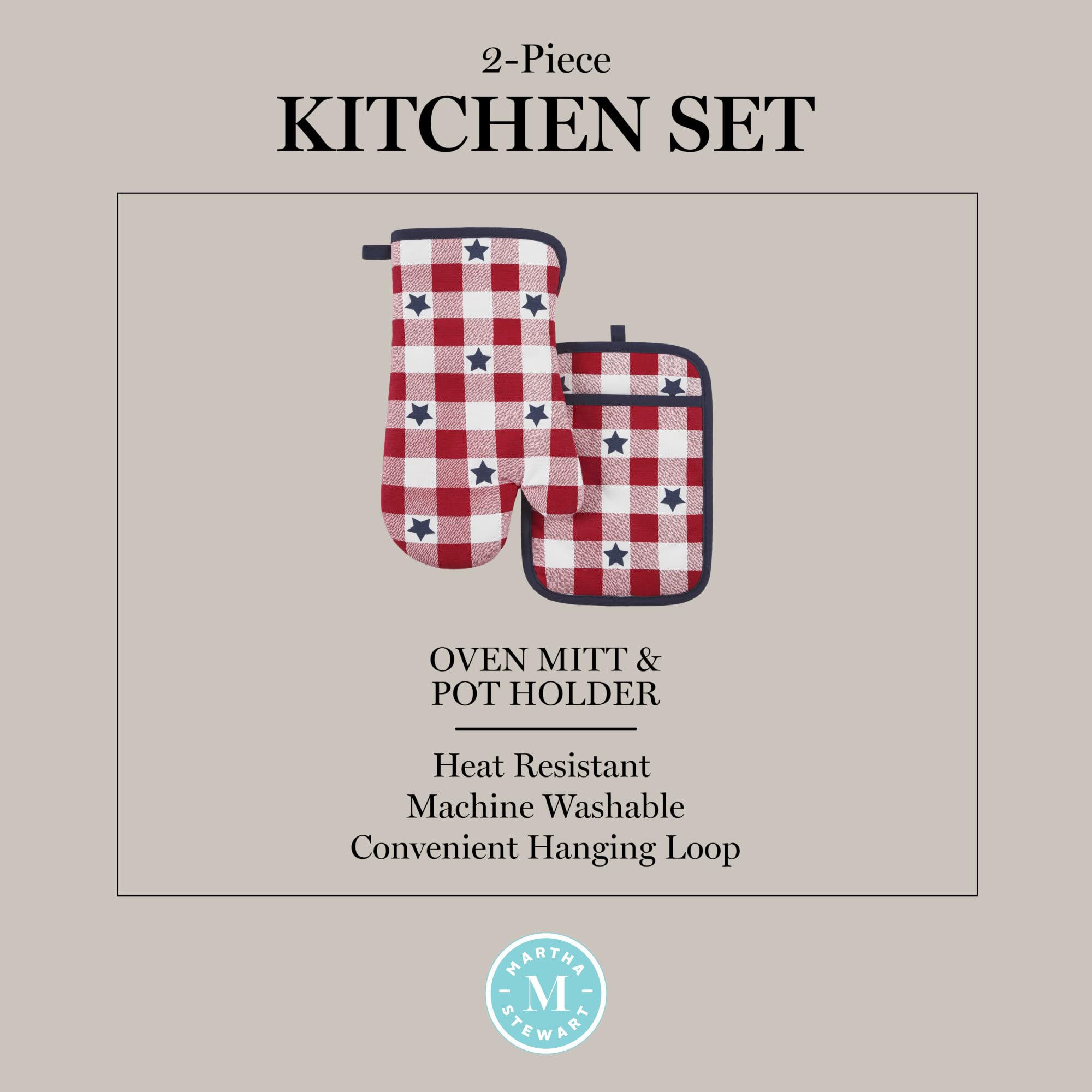 MARTHA STEWART Americana Star Gihgham - Juego de guantes de horno y soporte para ollas, 100% algodón, resistente al calor, decoración patriótica de Estados Unidos, rojo/blanco/azul, 7 x 13 pulgadas y