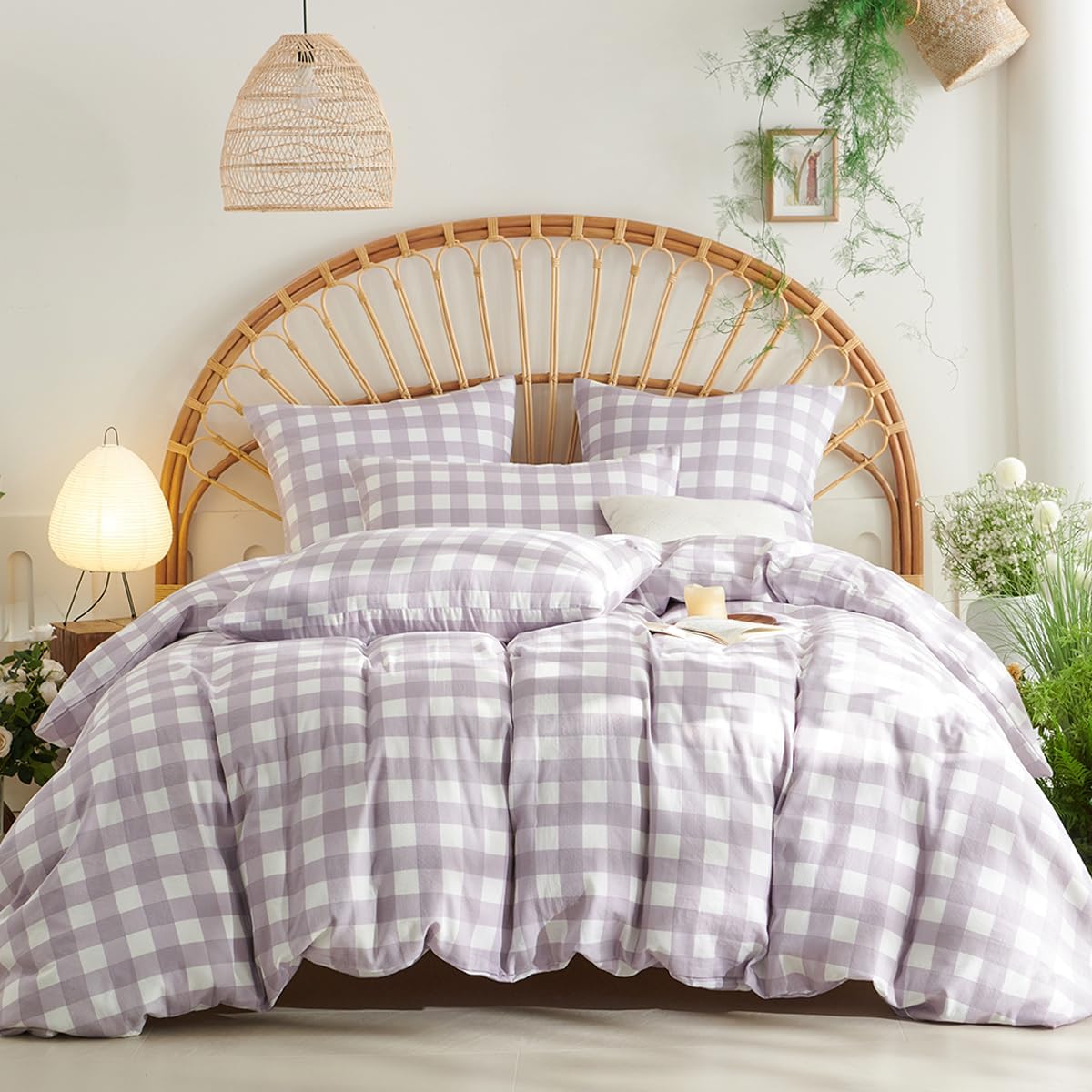 Muslin Duvet Cover King Size - Purple Plaid 100% Washed Cotton Gingham Duvet Cover, Soft Breathable Lightweight Linen Like Gauze Comforter Cover Set with Zipper Closure and 2 Pillowcases
